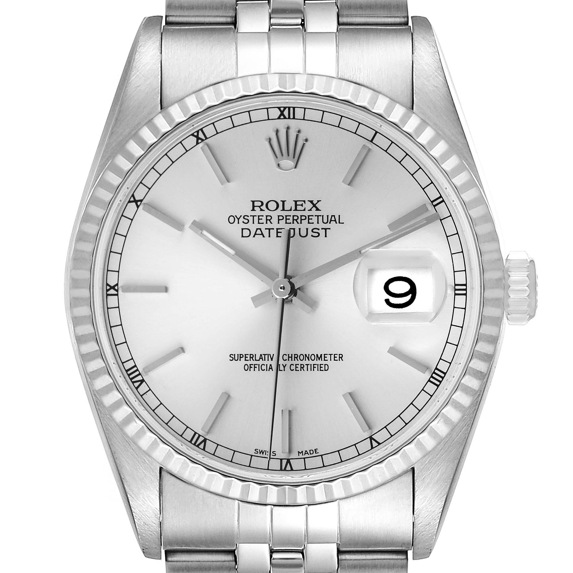 The image shows a front view of the Rolex Datejust 16234 Men's Stainless Steel Silver Dial 16234 Men's Stainless Steel Silver Dial watch, highlighting its dial, bezel, and part of the bracelet.