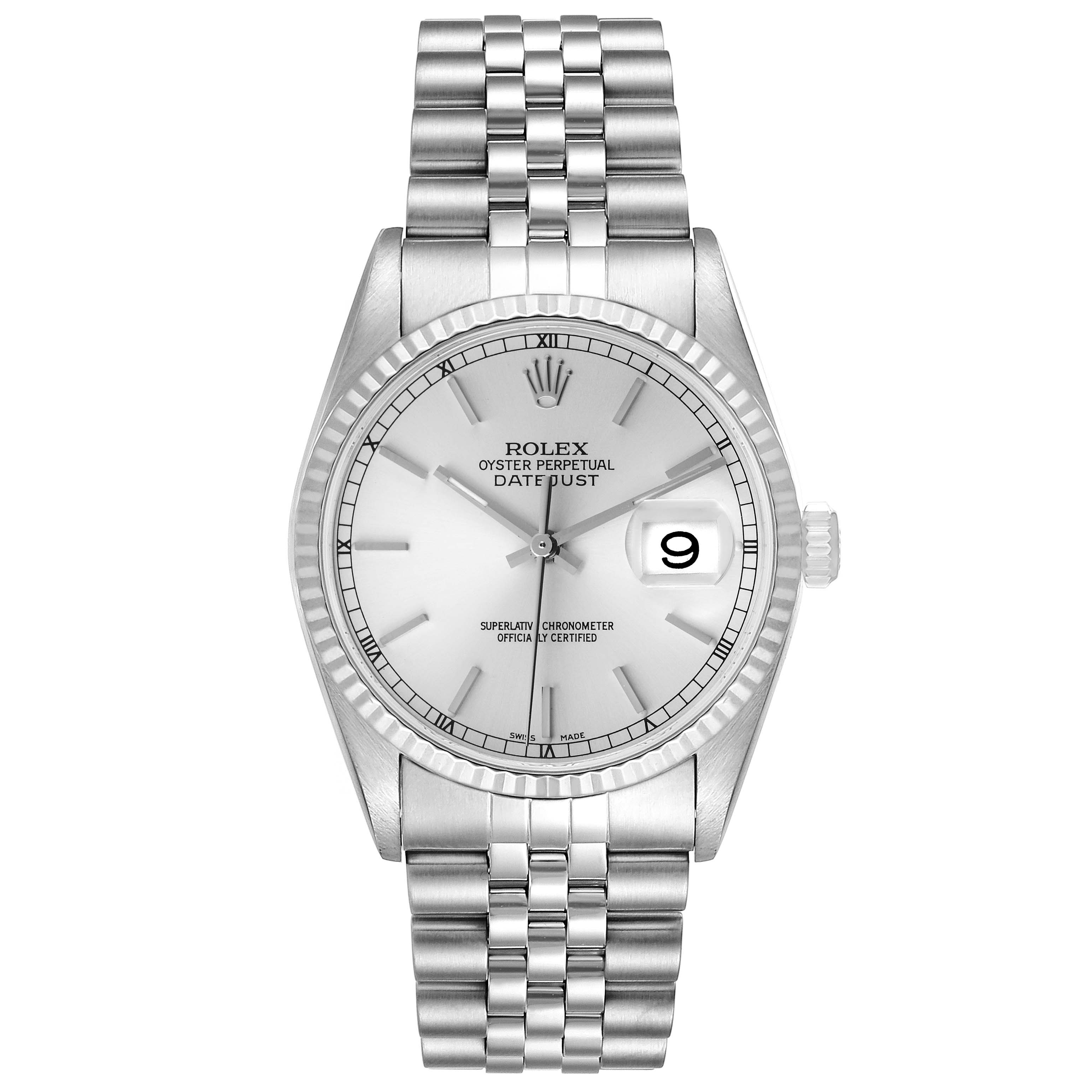 This image shows a front view of a Rolex Datejust 16234 Men's Stainless Steel Silver Dial 16234 Men's Stainless Steel Silver Dial watch, displaying its dial, bezel, bracelet, and crown.