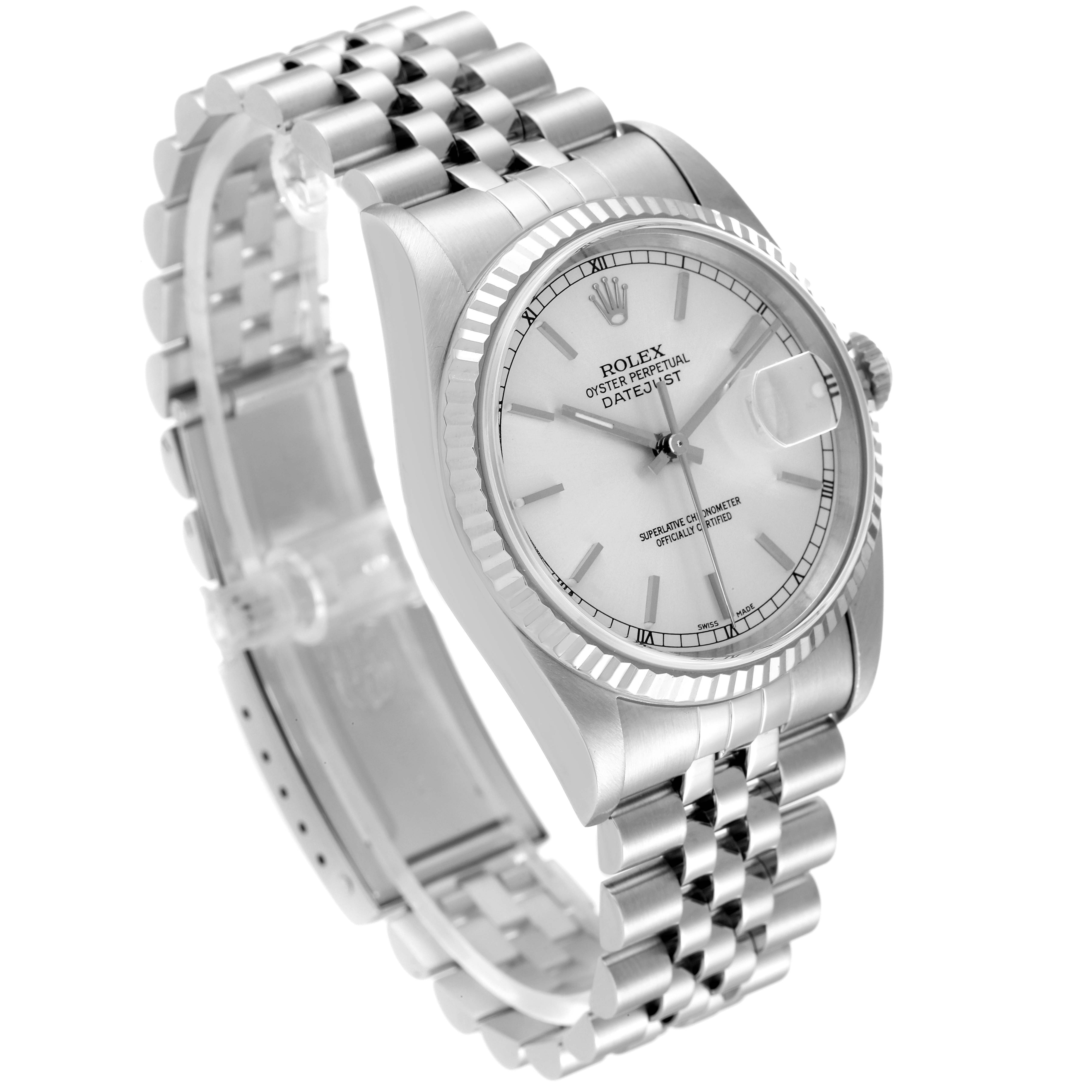 The image depicts a Rolex Datejust 16234 Men's Stainless Steel Silver Dial 16234 Men's Stainless Steel Silver Dial watch at a three-quarter angle, showcasing its face, bezel, crown, and Jubilee bracelet.