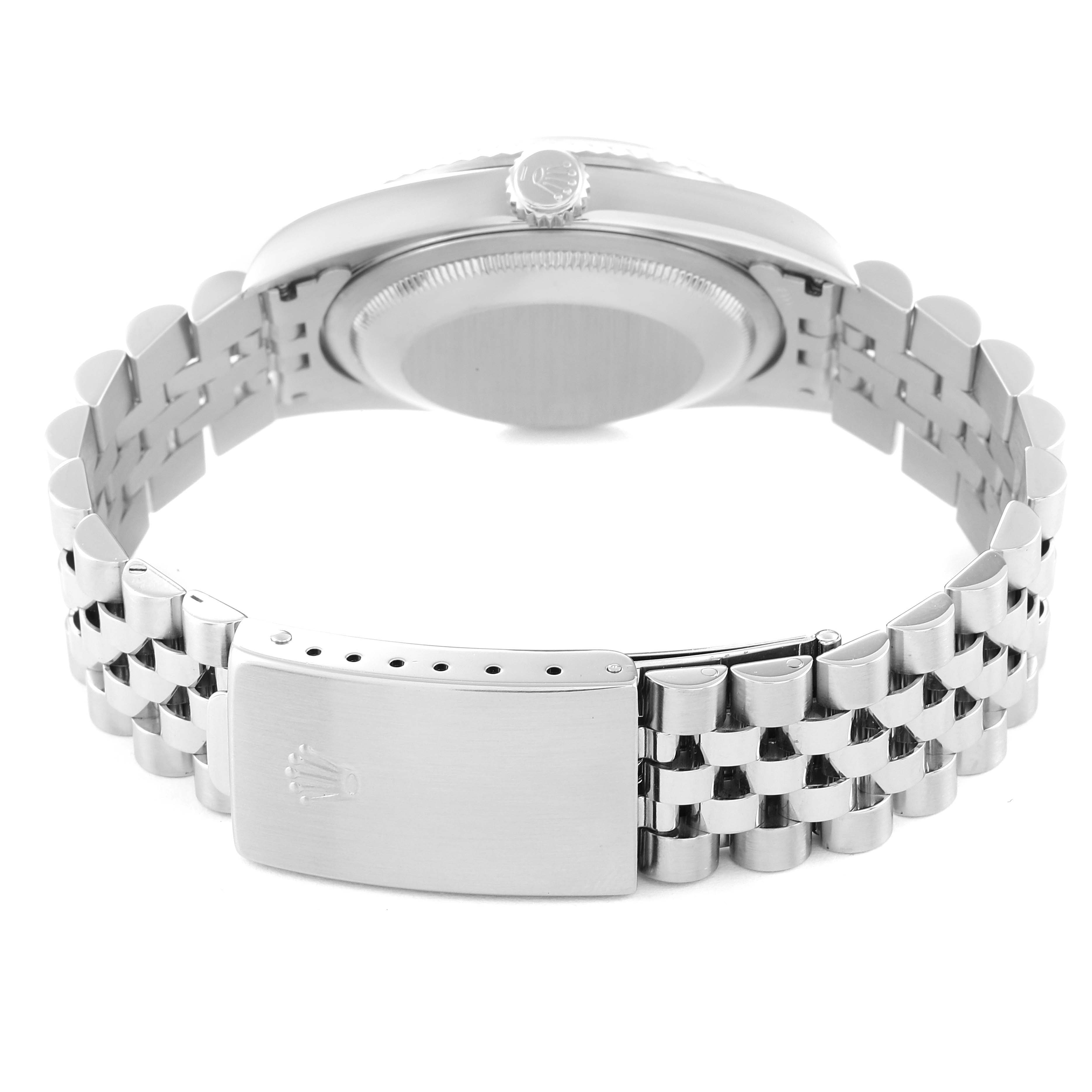 The image shows the back view of a Rolex Datejust 16234 Men's Stainless Steel Silver Dial 16234 Men's Stainless Steel Silver Dial watch, focusing on the case back and jubilee bracelet with clasp.