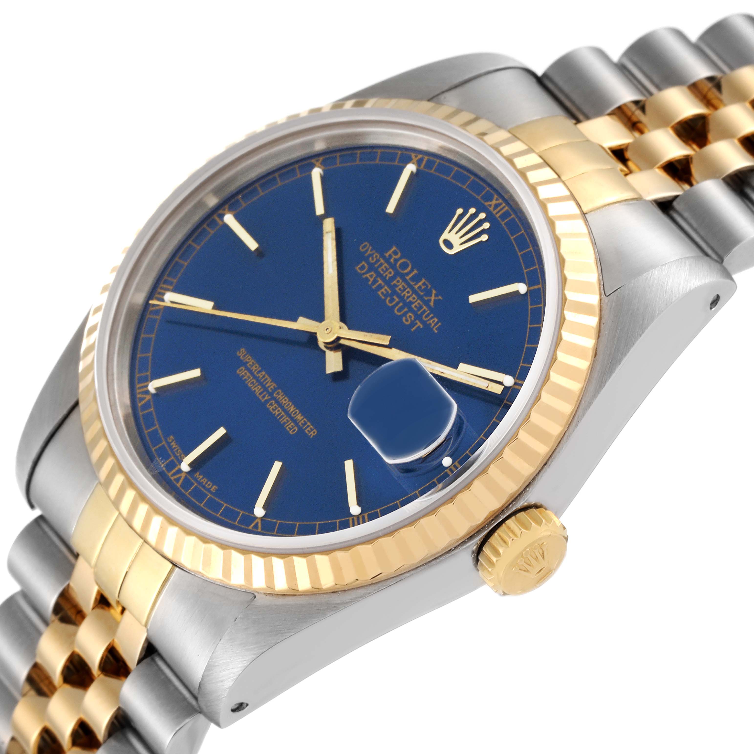 The Rolex Datejust 16233 Men's Steel and Gold (two tone) Blue Dial 16233 Men's Steel and Gold (two tone) Blue Dial watch is shown at an angle, highlighting the blue dial, gold fluted bezel, and two-tone bracelet.