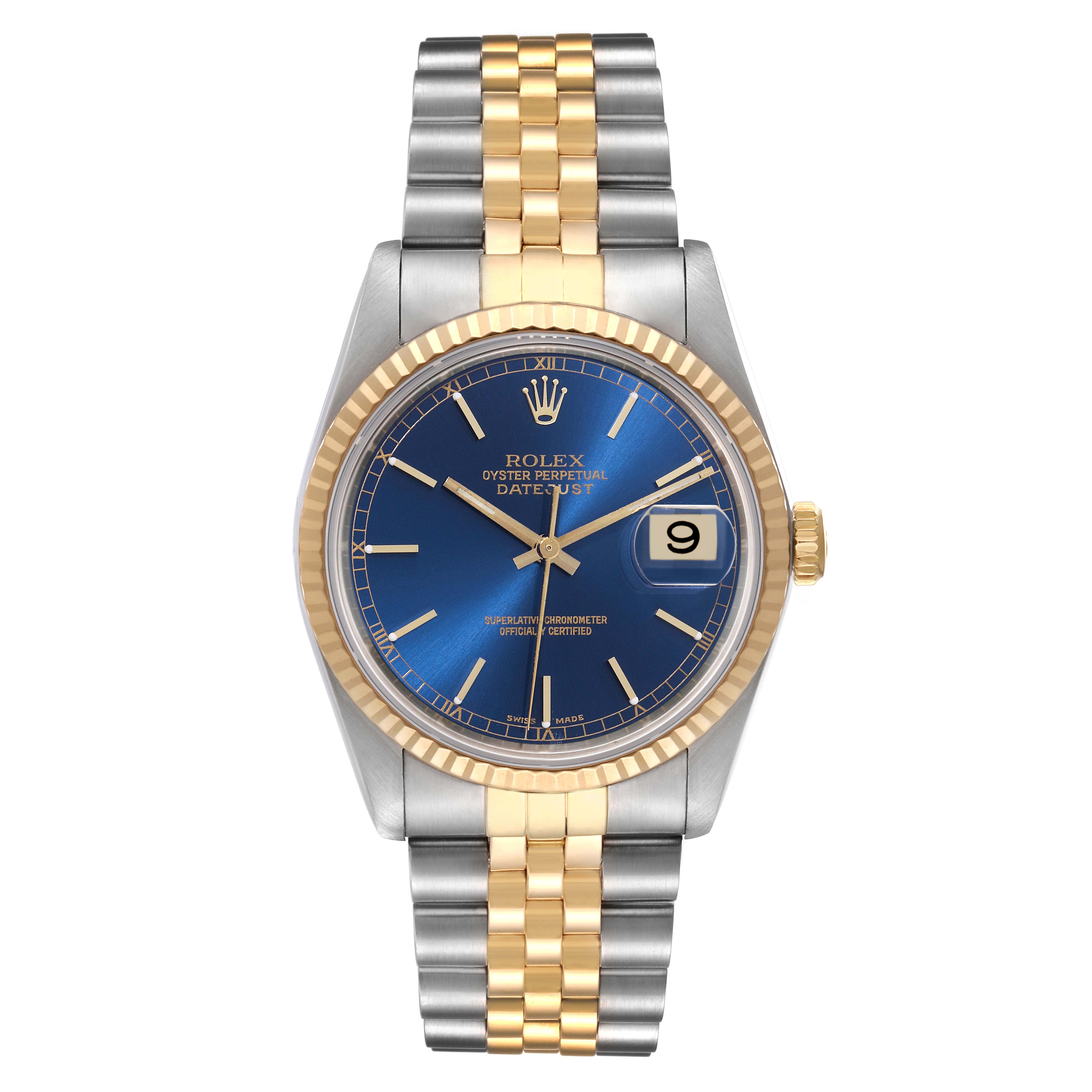 The image shows a front view of a Rolex Datejust 16233 Men's Steel and Gold (two tone) Blue Dial 16233 Men's Steel and Gold (two tone) Blue Dial watch with a blue dial, gold bezel, and two-tone bracelet.