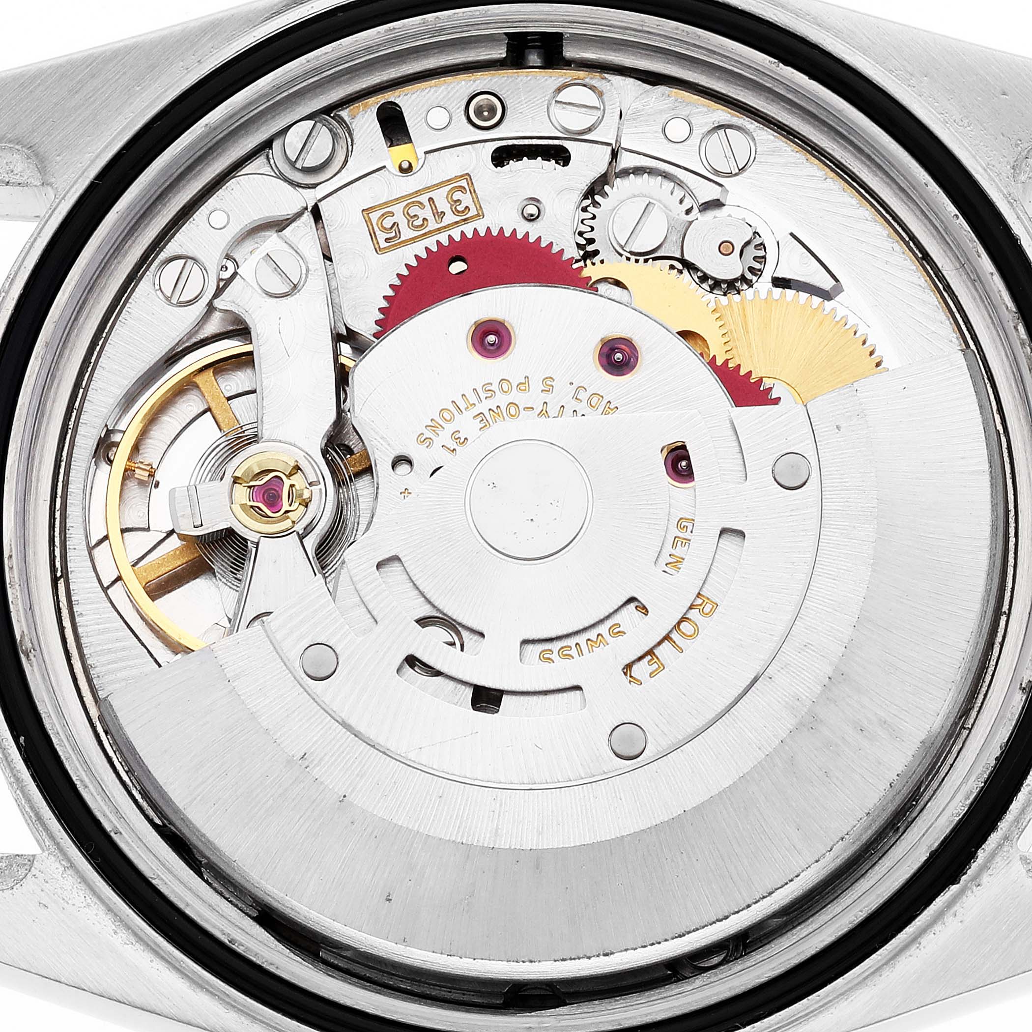 The image shows the inner mechanical movement parts of a Rolex Datejust 16233 Men's Steel and Gold (two tone) Blue Dial 16233 Men's Steel and Gold (two tone) Blue Dial watch viewed from the back.