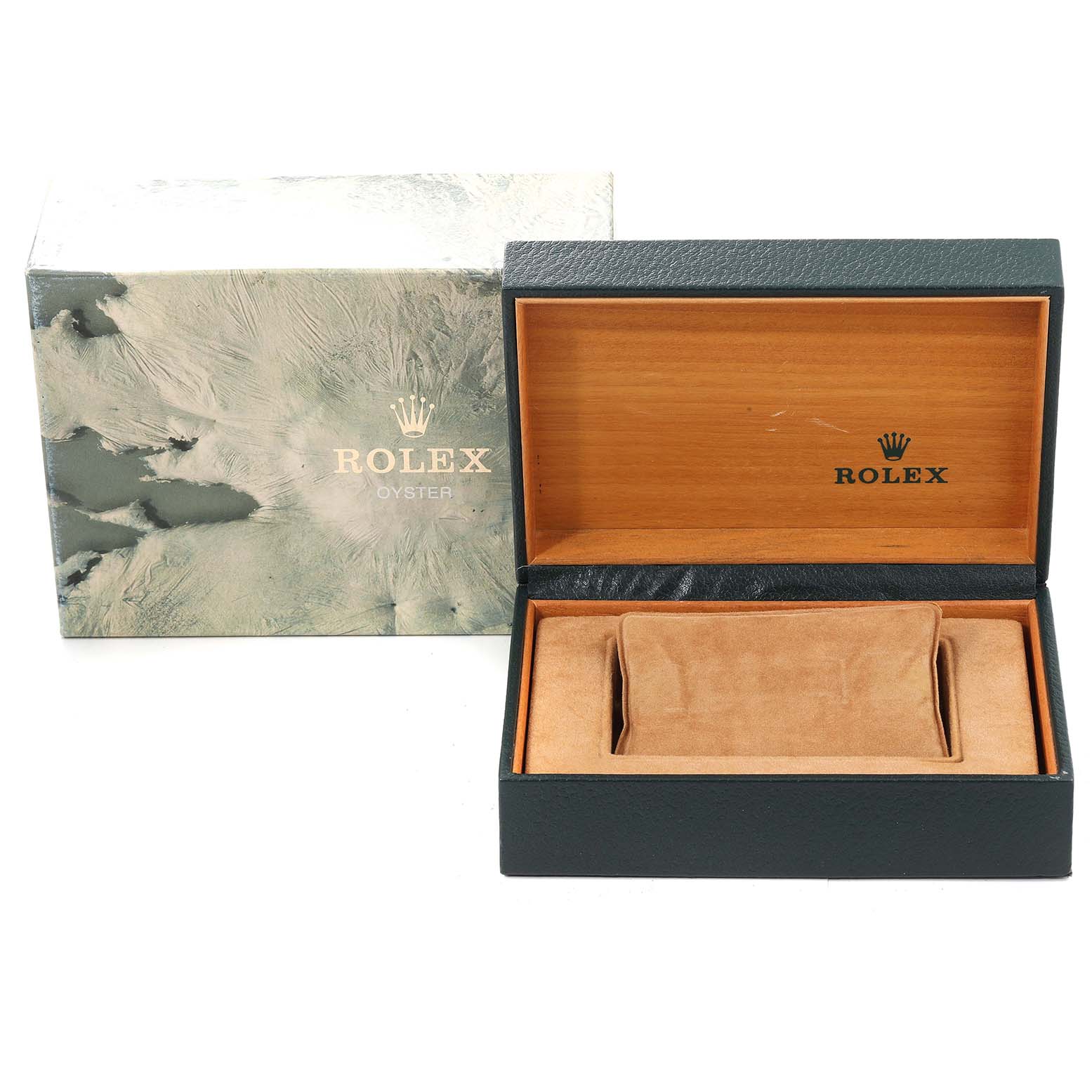 The image shows an open Rolex box for a Datejust model watch, with the outer cardboard box placed beside it.