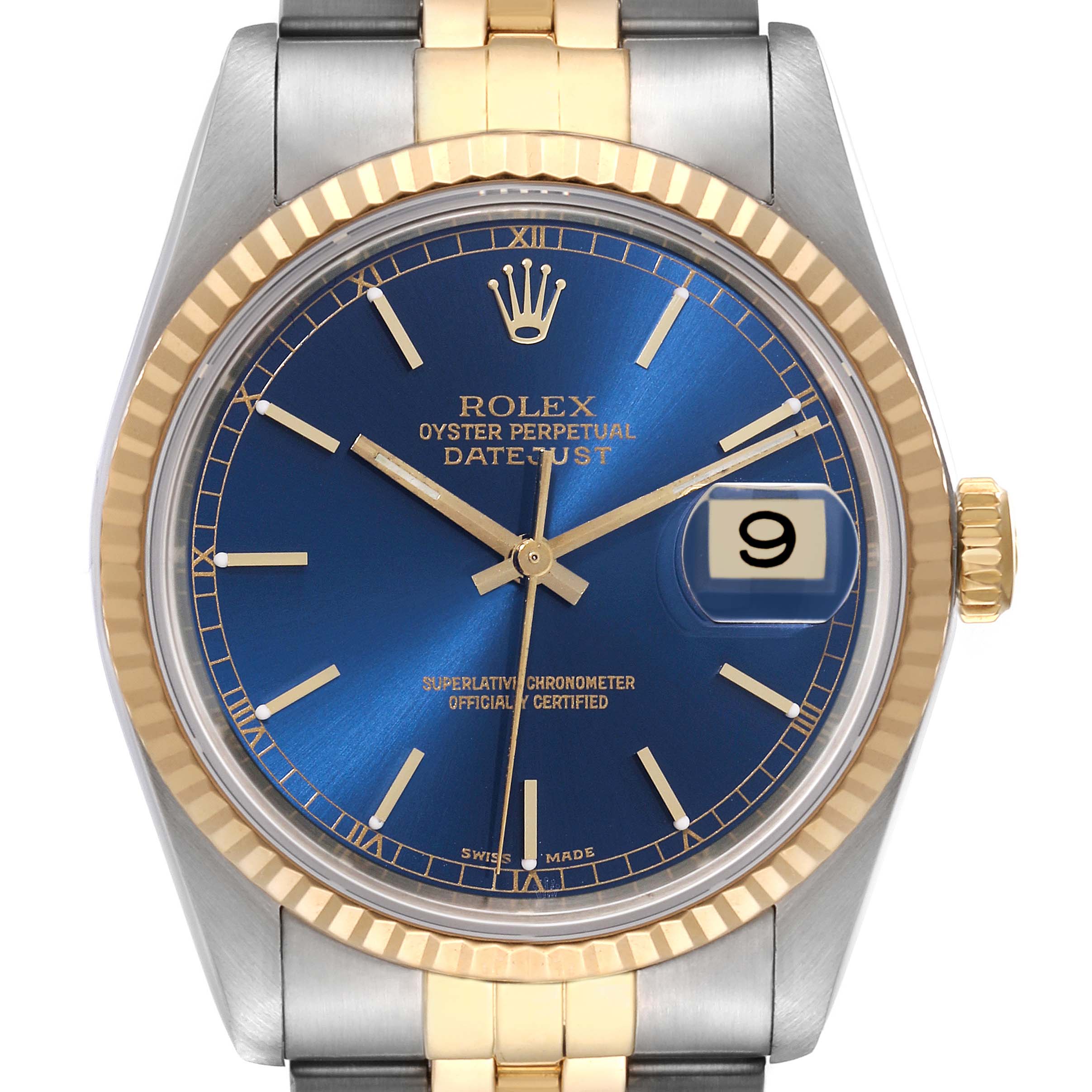 This is a close-up, front-angle shot of a Rolex Datejust 16233 Men's Steel and Gold (two tone) Blue Dial 16233 Men's Steel and Gold (two tone) Blue Dial watch, showcasing the dial, bezel, and part of the bracelet.