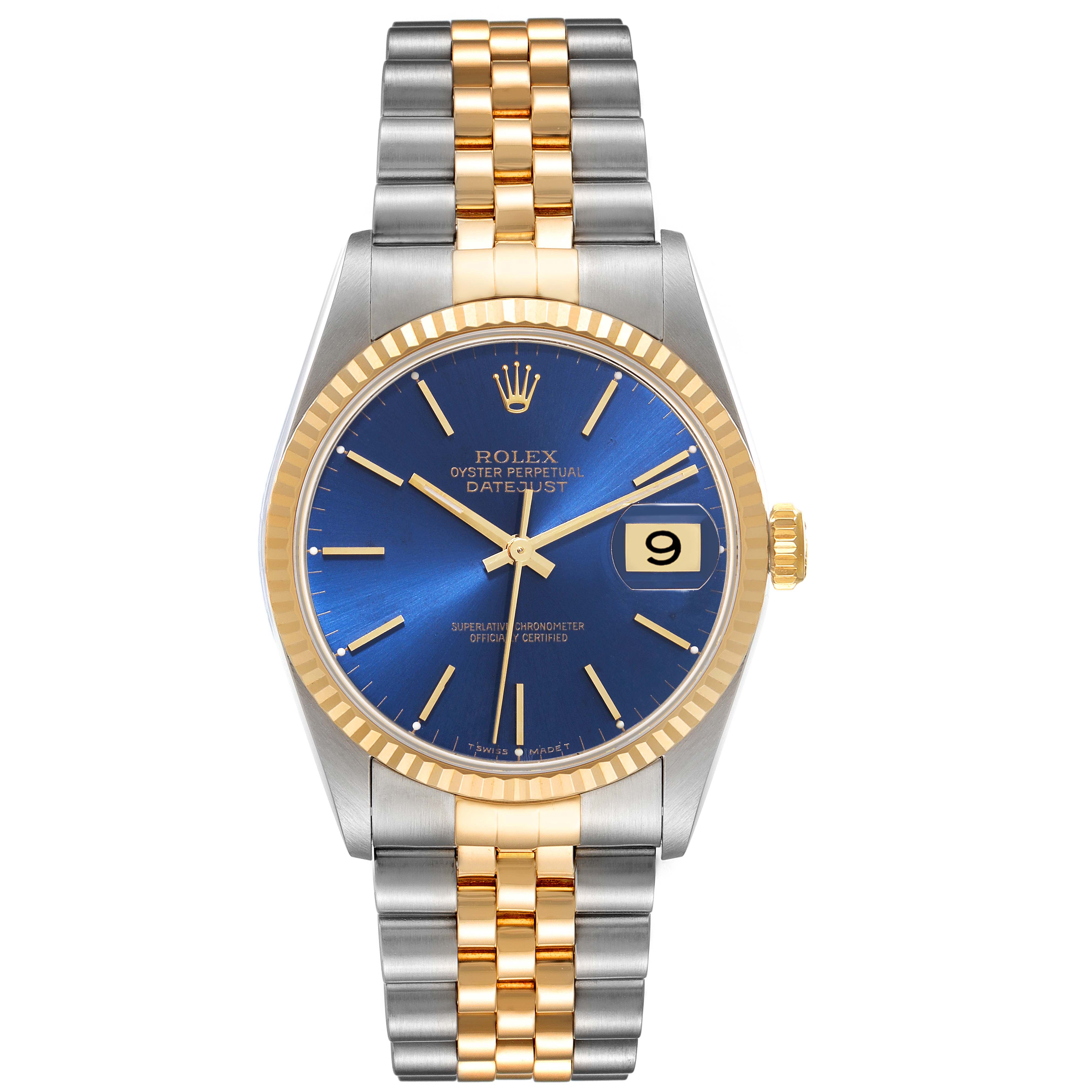 The image shows a Rolex Datejust 16233 Men's Steel and Gold (two tone) Black Dial 16233 Men's Steel and Gold (two tone) Black Dial watch from a front angle, highlighting its blue dial, gold fluted bezel, and bicolor bracelet.