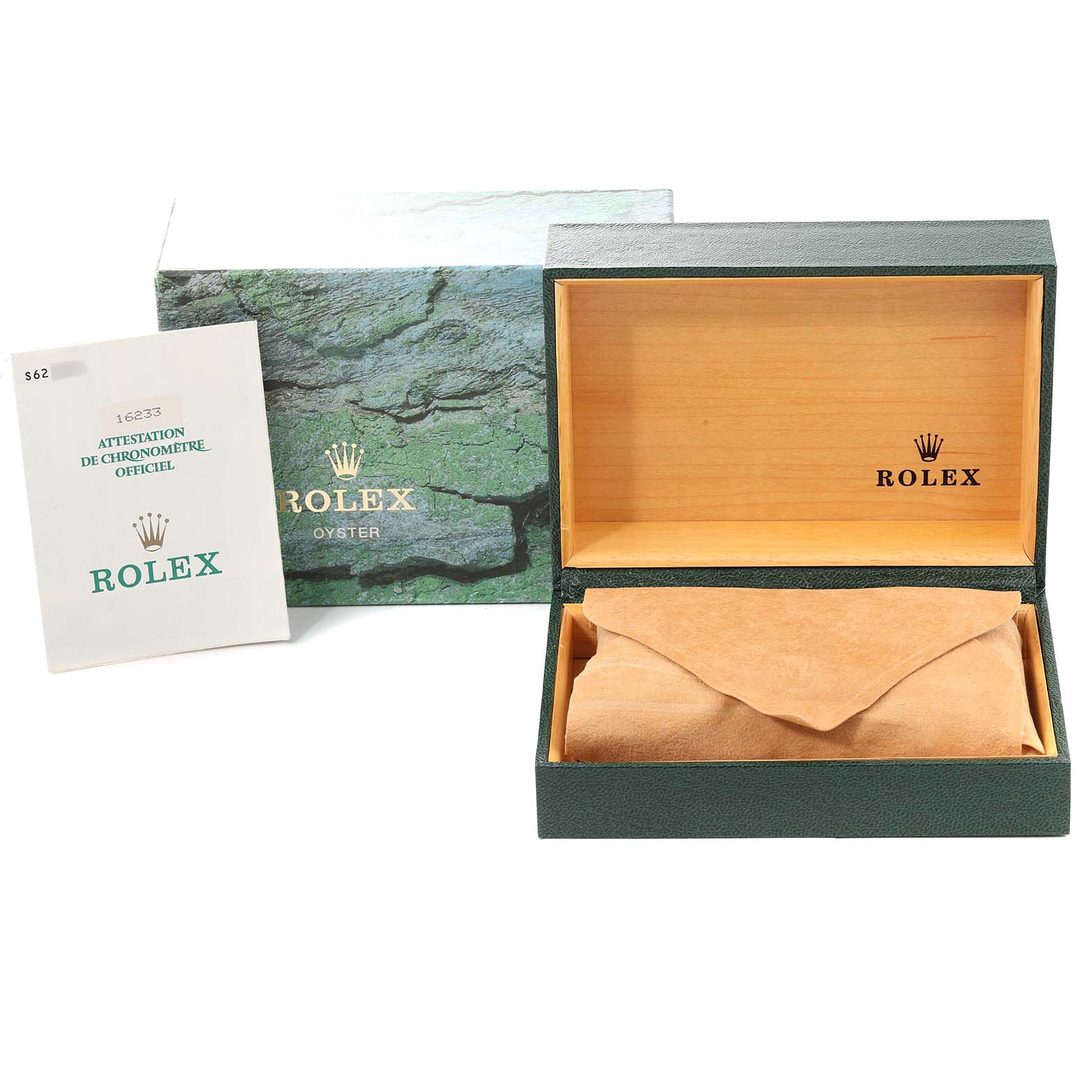 The image shows a Rolex Datejust 16233 Men's Steel and Gold (two tone) Black Dial 16233 Men's Steel and Gold (two tone) Black Dial box with its packaging, inner cushion covered, and an instruction booklet to the side.