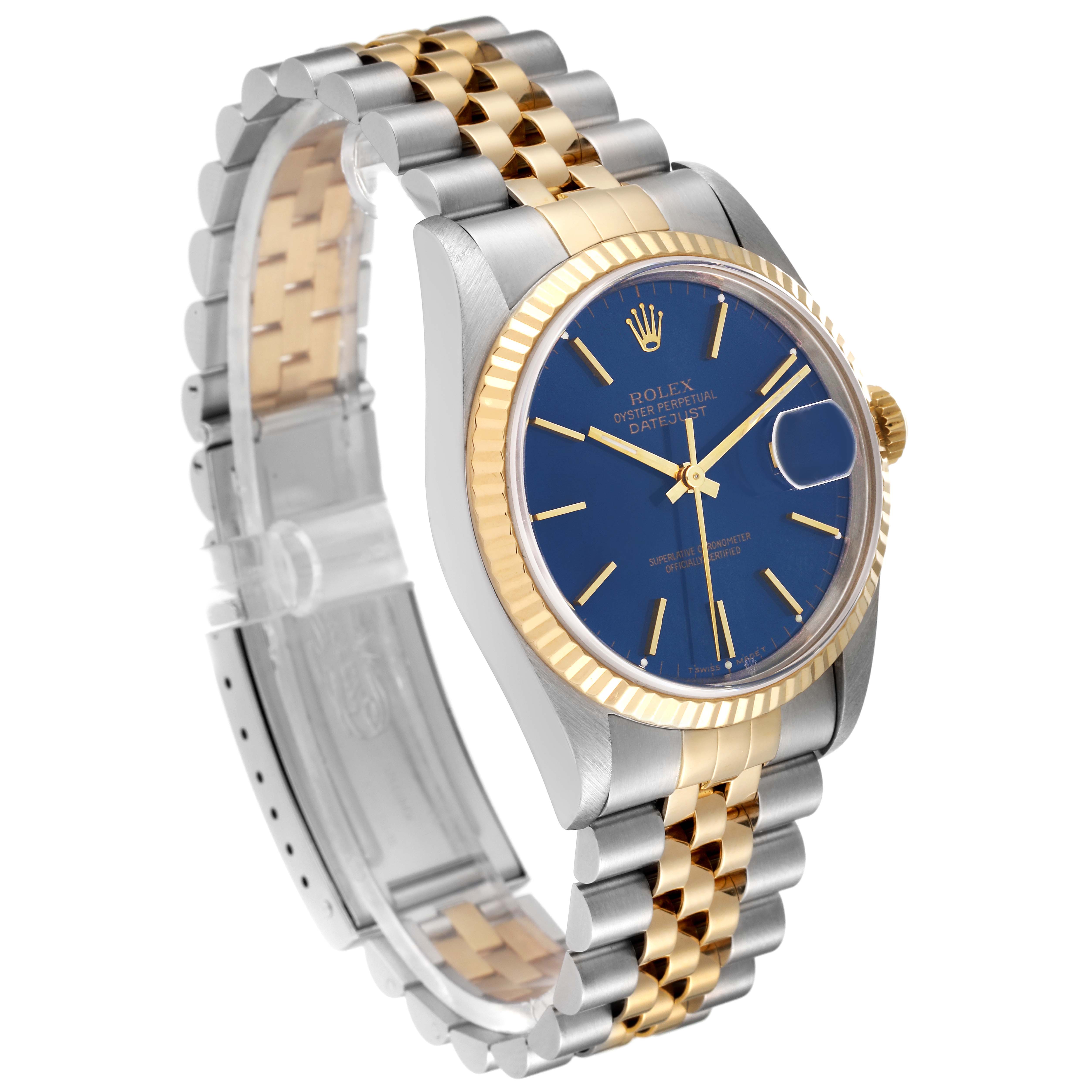 This image shows a Rolex Datejust 16233 Men's Steel and Gold (two tone) Black Dial 16233 Men's Steel and Gold (two tone) Black Dial watch at a slight angle, highlighting the blue dial, two-tone bracelet, and fluted gold bezel.