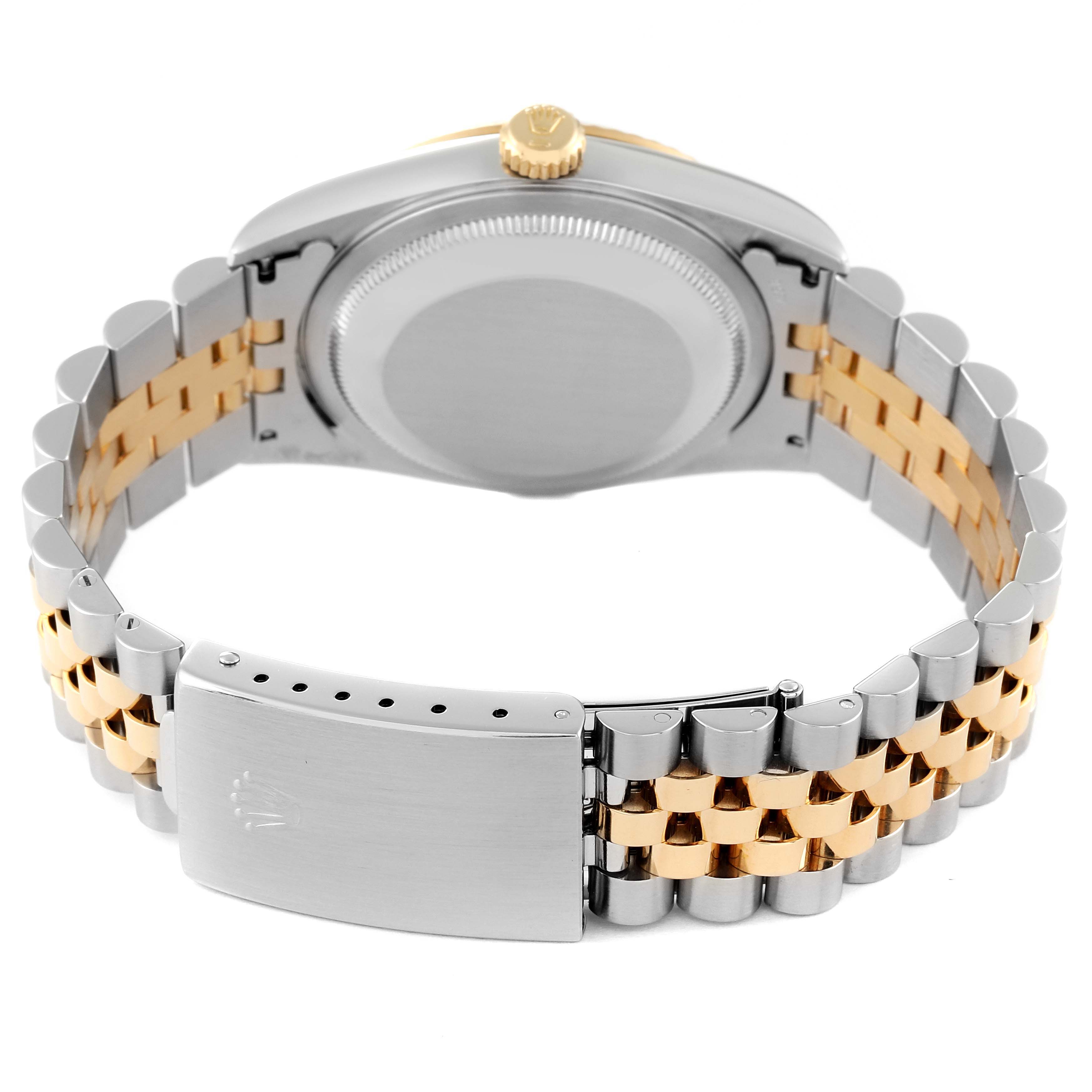 The image shows the back view of a Rolex Datejust 16233 Men's Steel and Gold (two tone) Black Dial 16233 Men's Steel and Gold (two tone) Black Dial watch, featuring its two-tone bracelet and clasp.