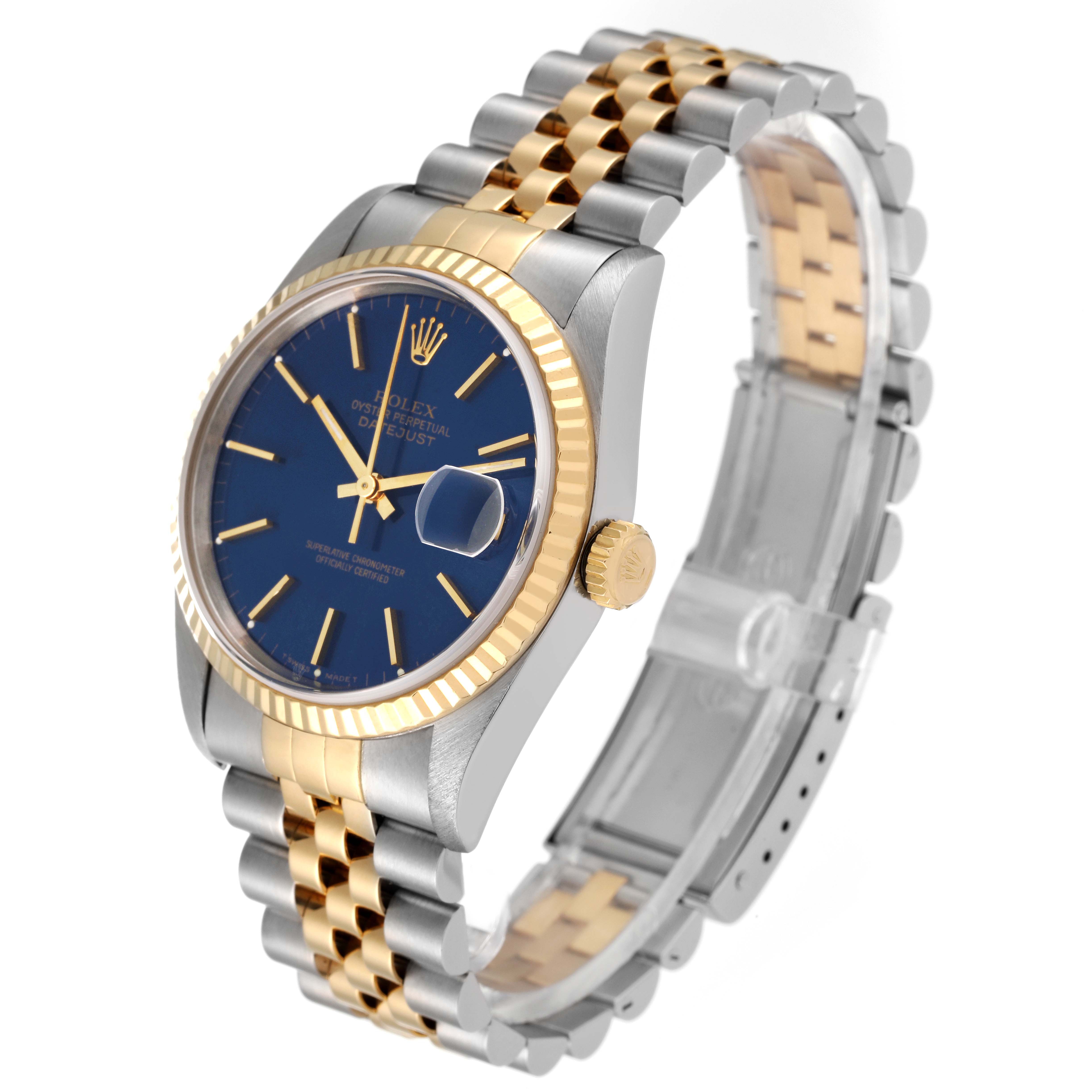 This image shows the Rolex Datejust 16233 Men's Steel and Gold (two tone) Black Dial 16233 Men's Steel and Gold (two tone) Black Dial watch at a three-quarter angle, highlighting its blue dial, gold bezel, and two-tone bracelet.
