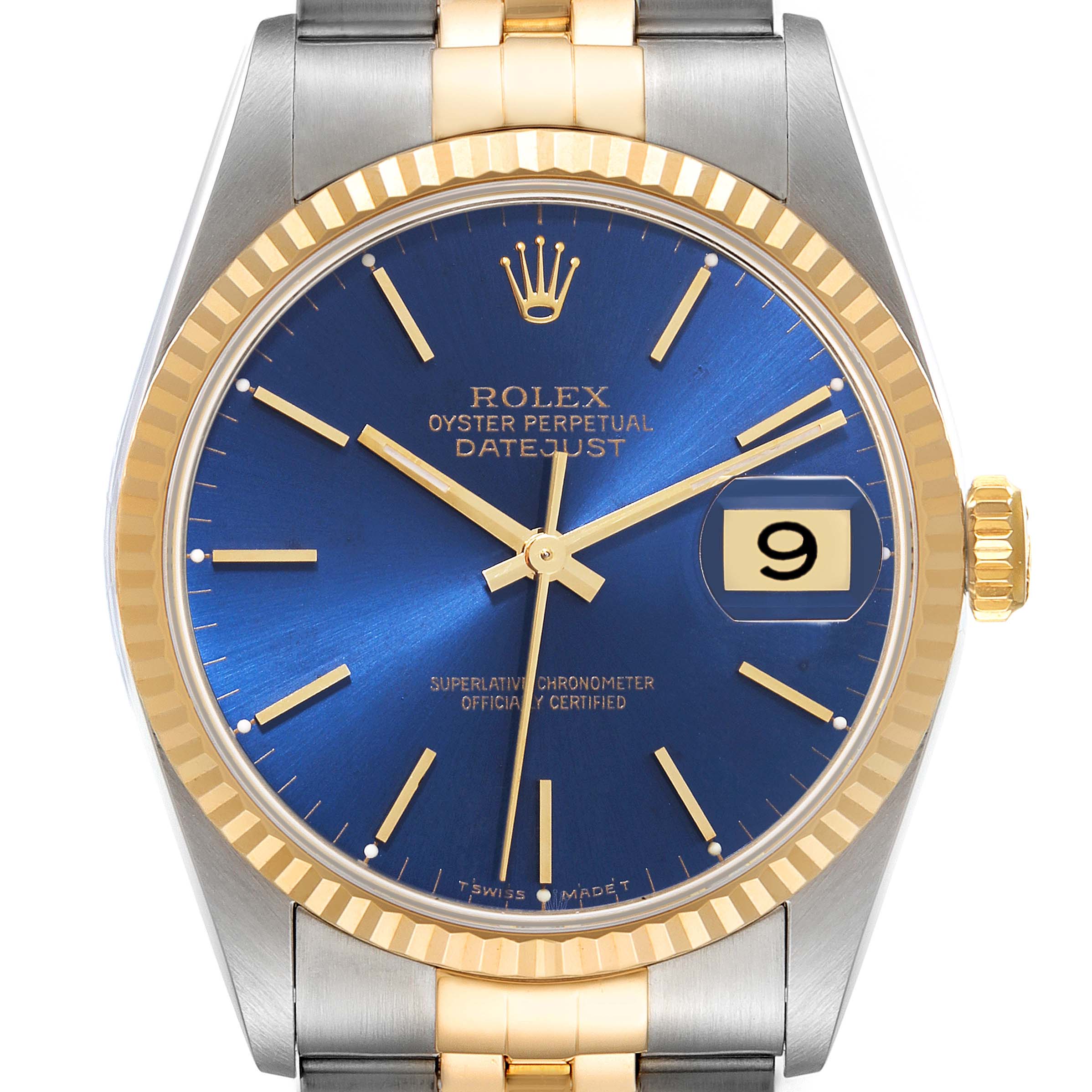 The image shows a frontal view of a Rolex Datejust 16233 Men's Steel and Gold (two tone) Black Dial 16233 Men's Steel and Gold (two tone) Black Dial watch with a blue dial, gold markers, and a two-tone gold and stainless steel bracelet.