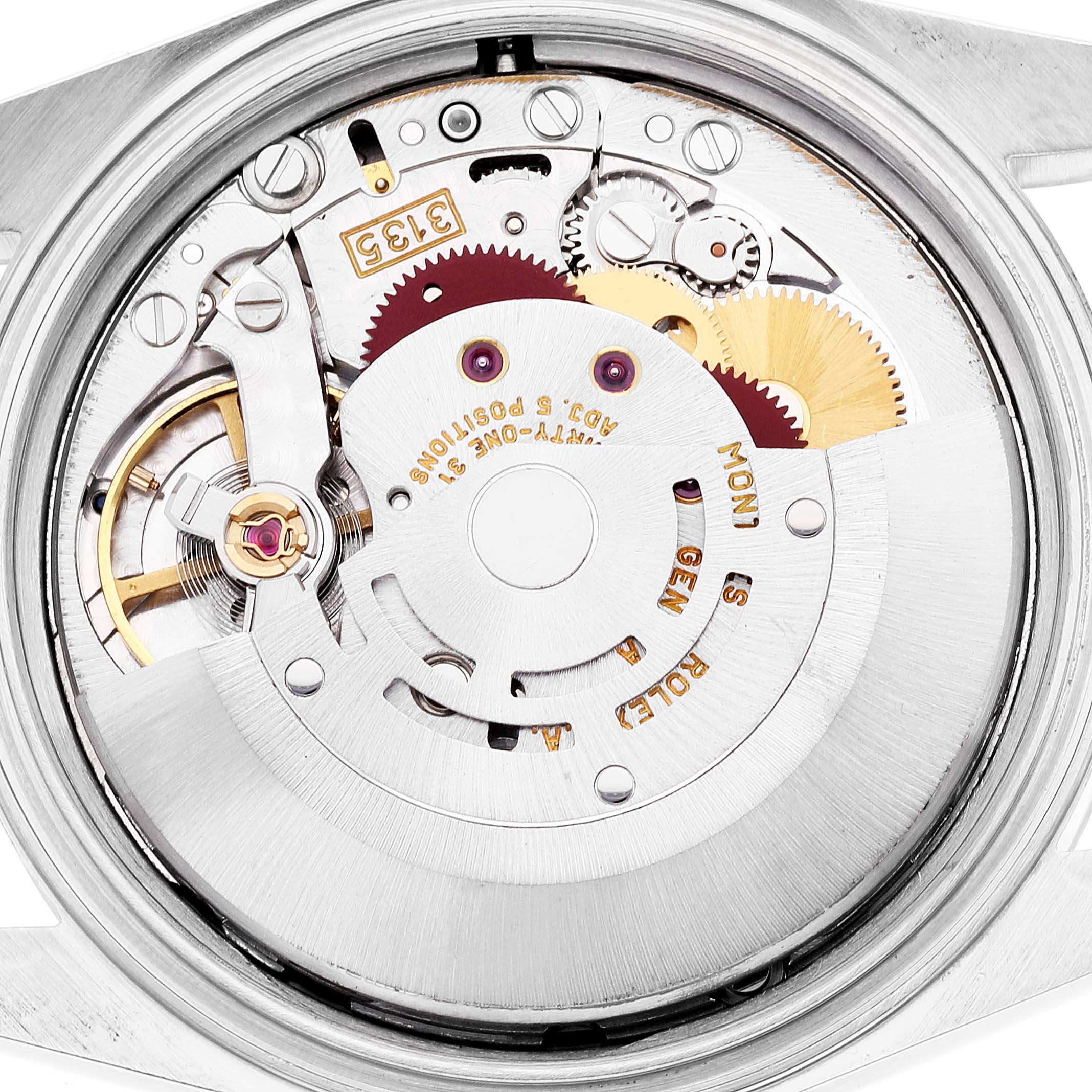 This image shows the inner mechanical movement of a Rolex Datejust 16233 Men's Steel and Gold (two tone) Black Dial 16233 Men's Steel and Gold (two tone) Black Dial watch, viewed from the back.