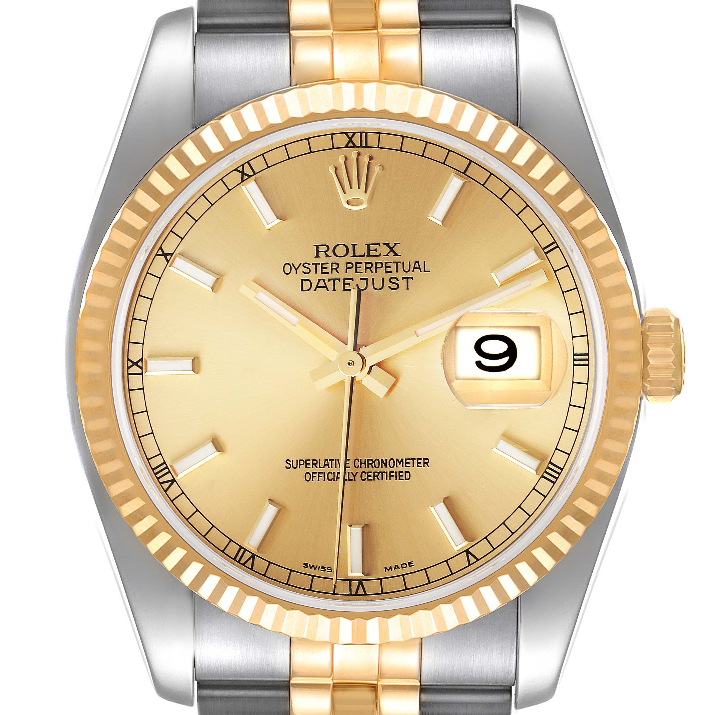 The image shows a close-up of the dial, bezel, and upper bracelet of the Rolex Datejust 116233 Men's Steel and Gold (two tone) Champagne Dial 116233 Men's Steel and Gold (two tone) Champagne Dial watch.