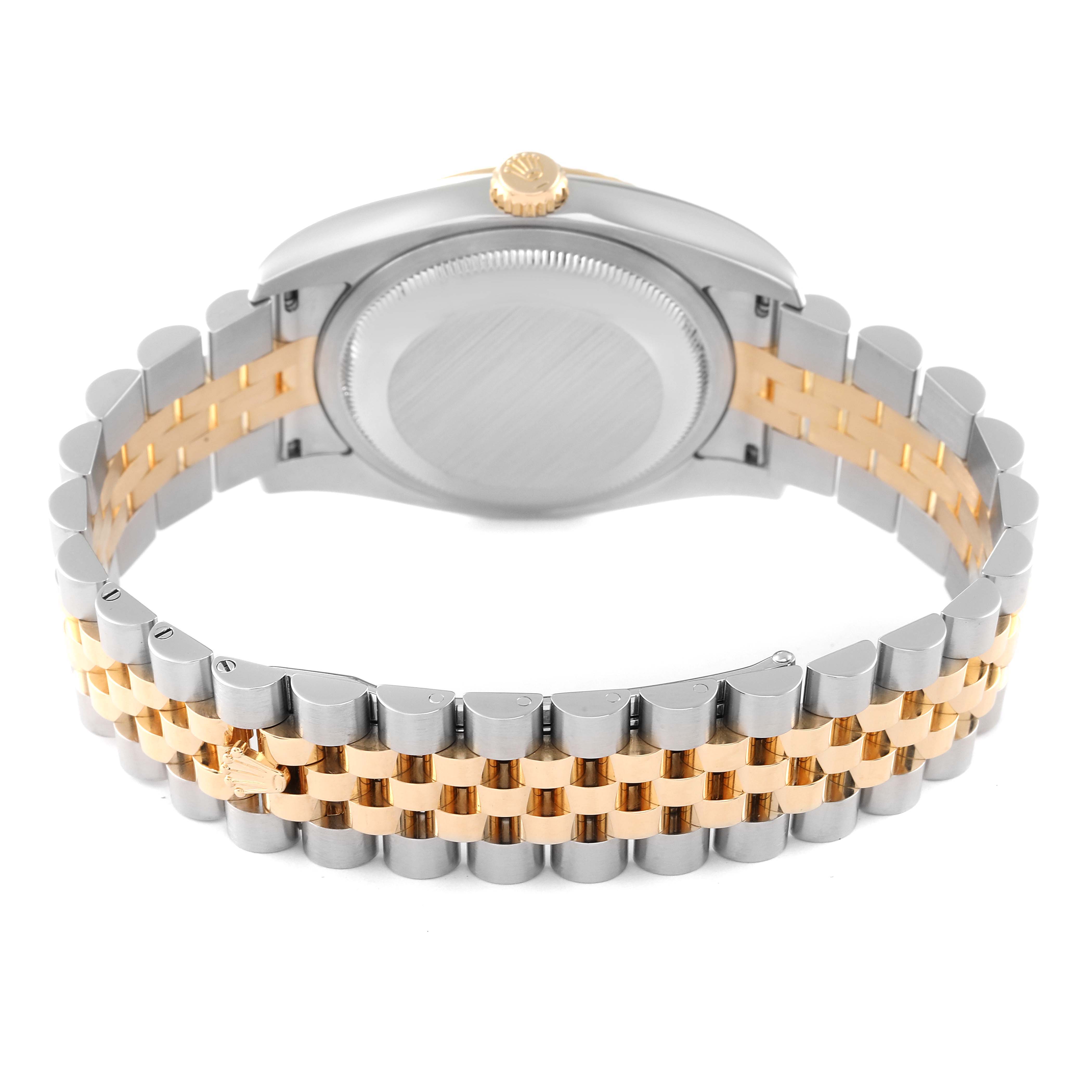 This image shows the back case and two-tone metal bracelet of a Rolex Datejust 116233 Men's Steel and Gold (two tone) Champagne Dial 116233 Men's Steel and Gold (two tone) Champagne Dial watch from a rear angle.