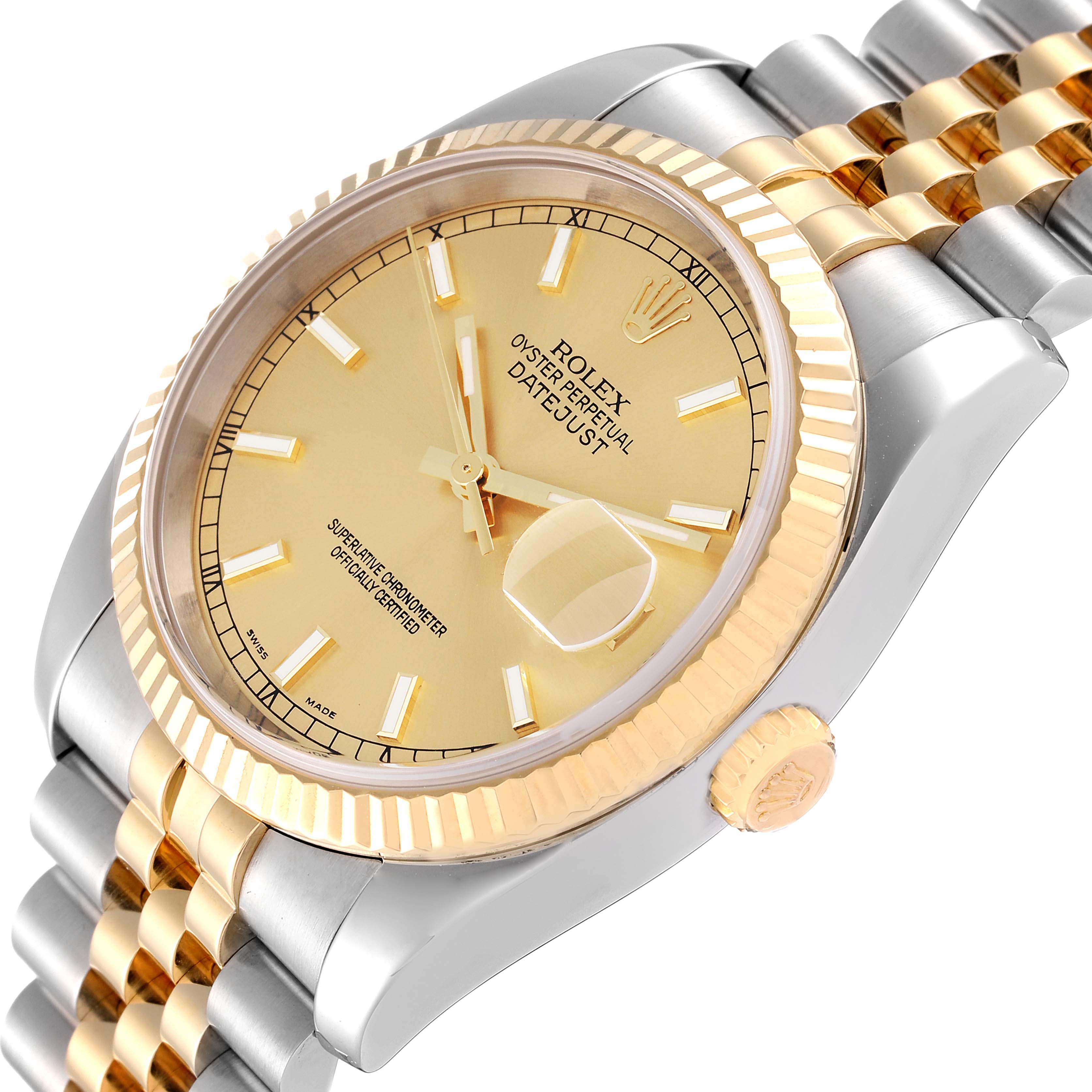 This image shows a gold dial and two-tone bracelet of the Rolex Datejust 116233 Men's Steel and Gold (two tone) Champagne Dial 116233 Men's Steel and Gold (two tone) Champagne Dial watch at a side angle.