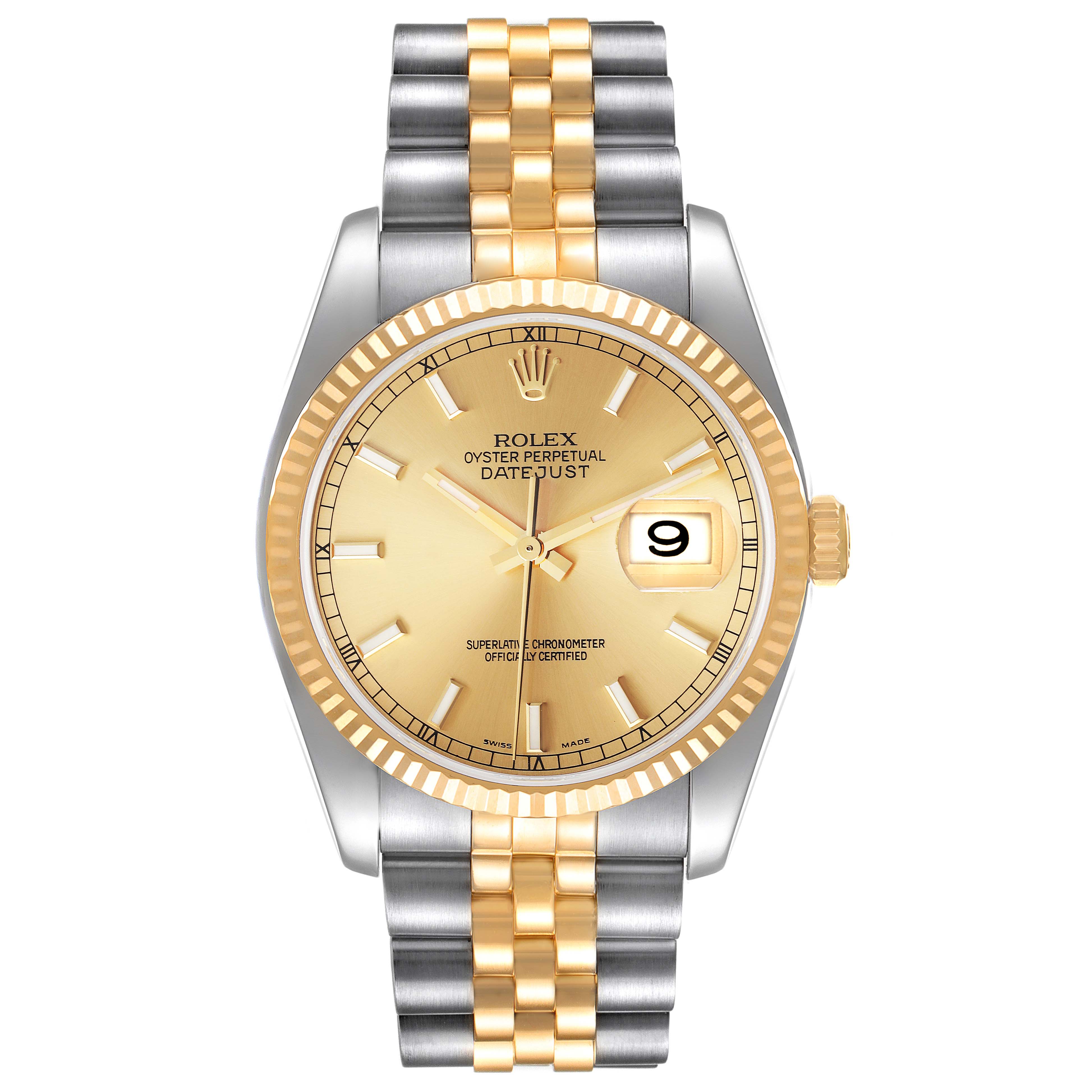 A front view of a Rolex Datejust 116233 Men's Steel and Gold (two tone) Champagne Dial 116233 Men's Steel and Gold (two tone) Champagne Dial watch displaying the gold dial, date window, bezel, and two-tone bracelet.