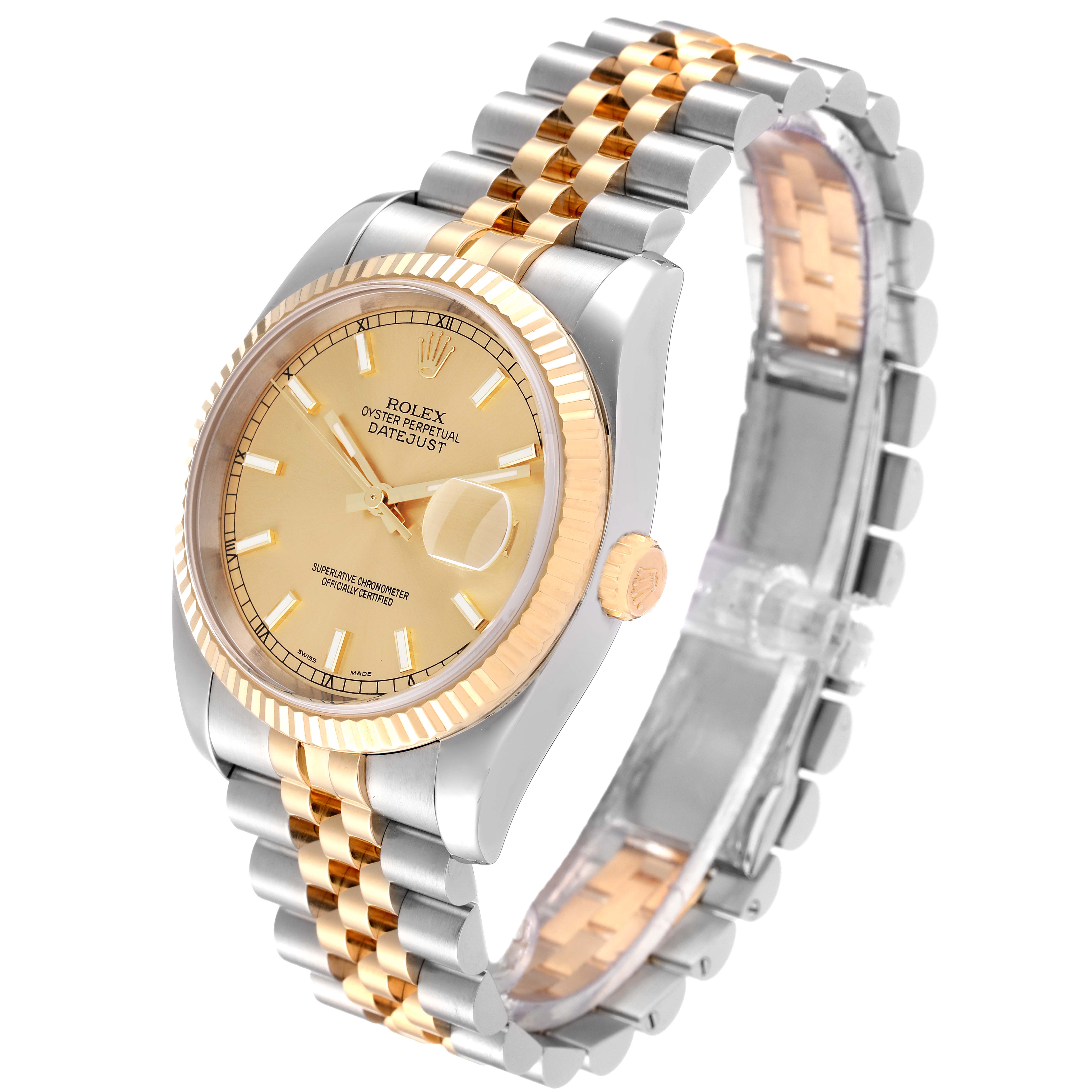 This image shows the Rolex Datejust 116233 Men's Steel and Gold (two tone) Champagne Dial 116233 Men's Steel and Gold (two tone) Champagne Dial watch at an angle that highlights the dial, case, crown, and bracelet.