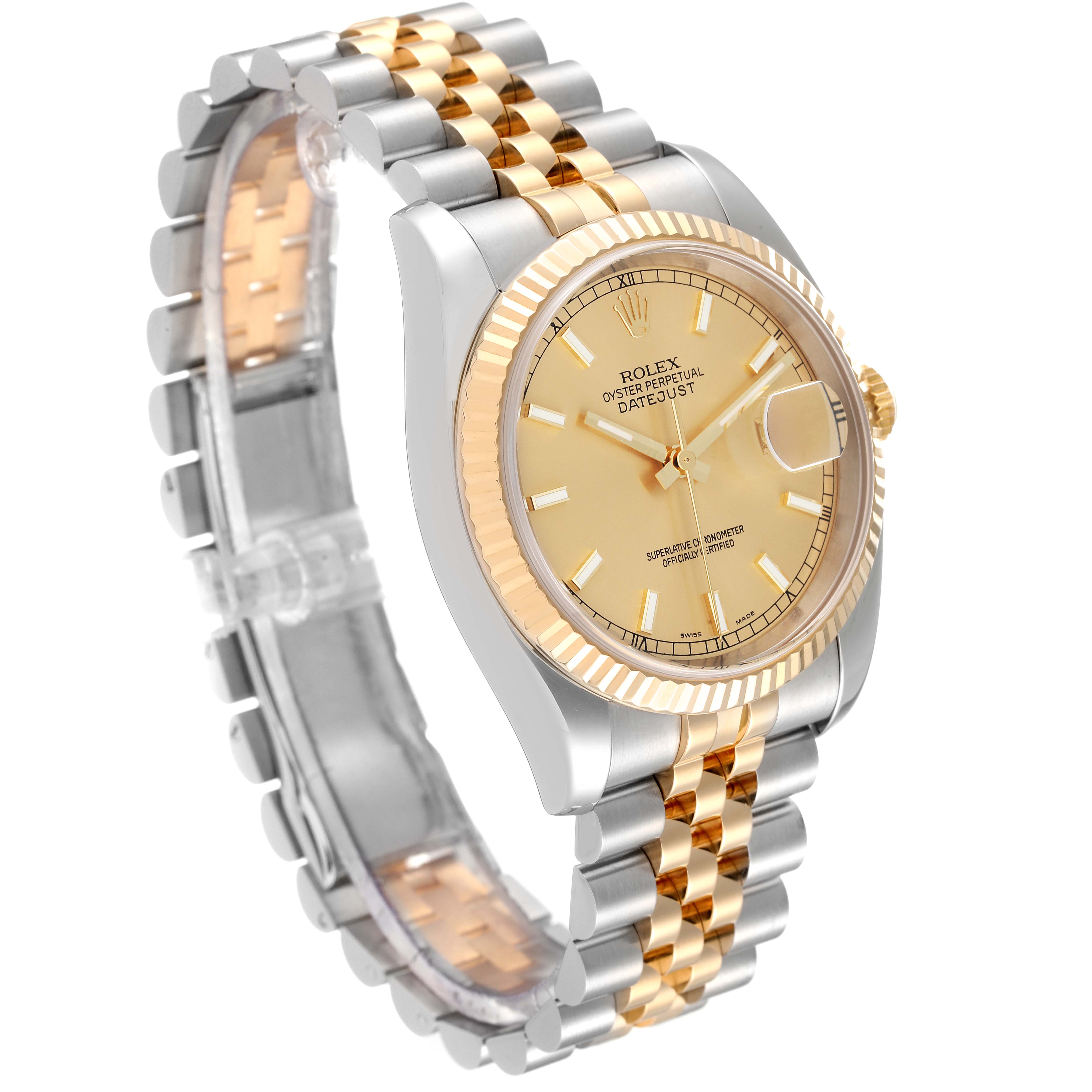 The Rolex Datejust 116233 Men's Steel and Gold (two tone) Champagne Dial 116233 Men's Steel and Gold (two tone) Champagne Dial watch is shown at a three-quarter angle highlighting the face, bezel, and Jubilee bracelet.