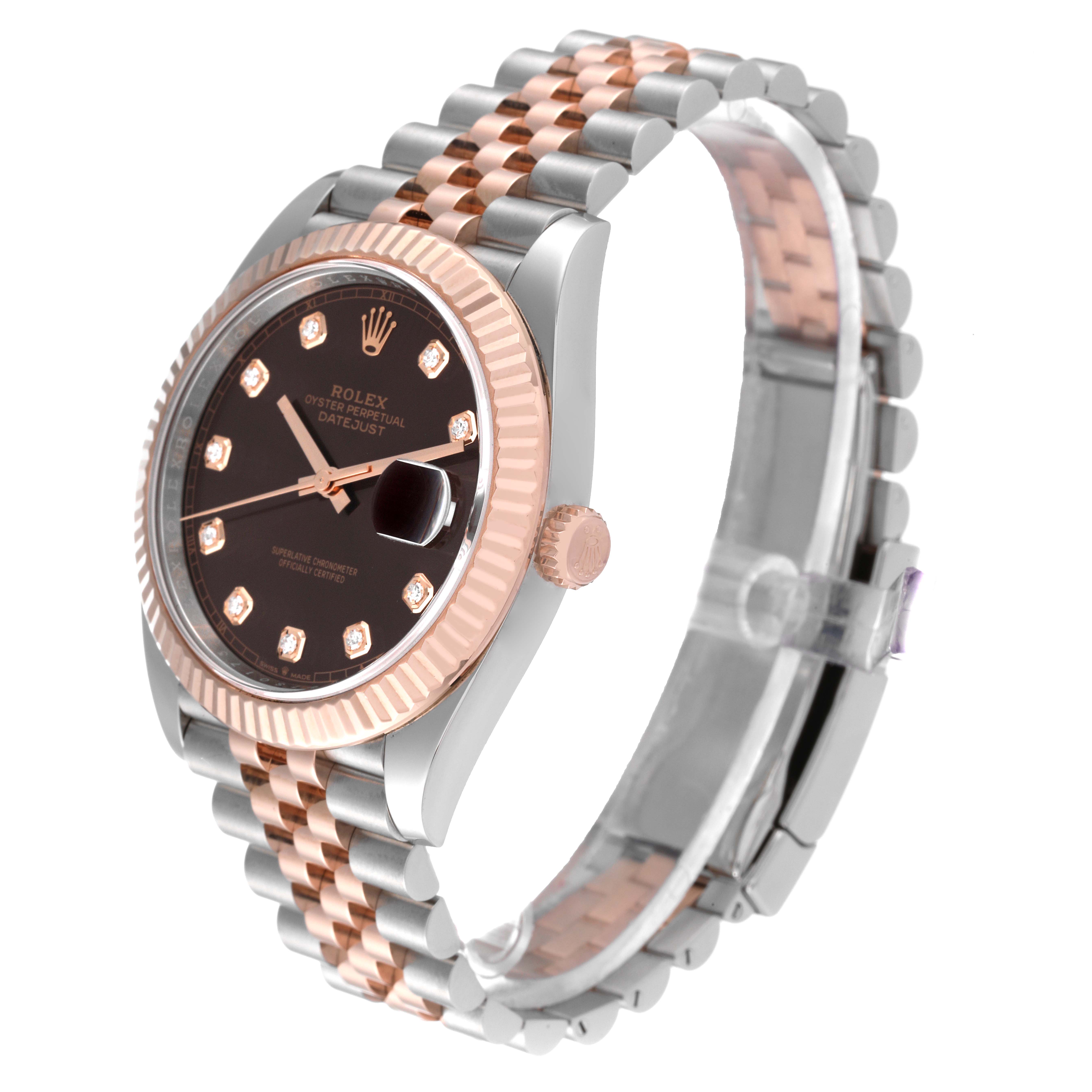 The image shows a Rolex Datejust 41 126331 Men
s Steel and Gold (two tone) Brown Dial 126331 Men
s Steel and Gold (two tone) Brown Dial watch at an angled side view, highlighting the face, bezel, crown, and two-tone bracelet.
