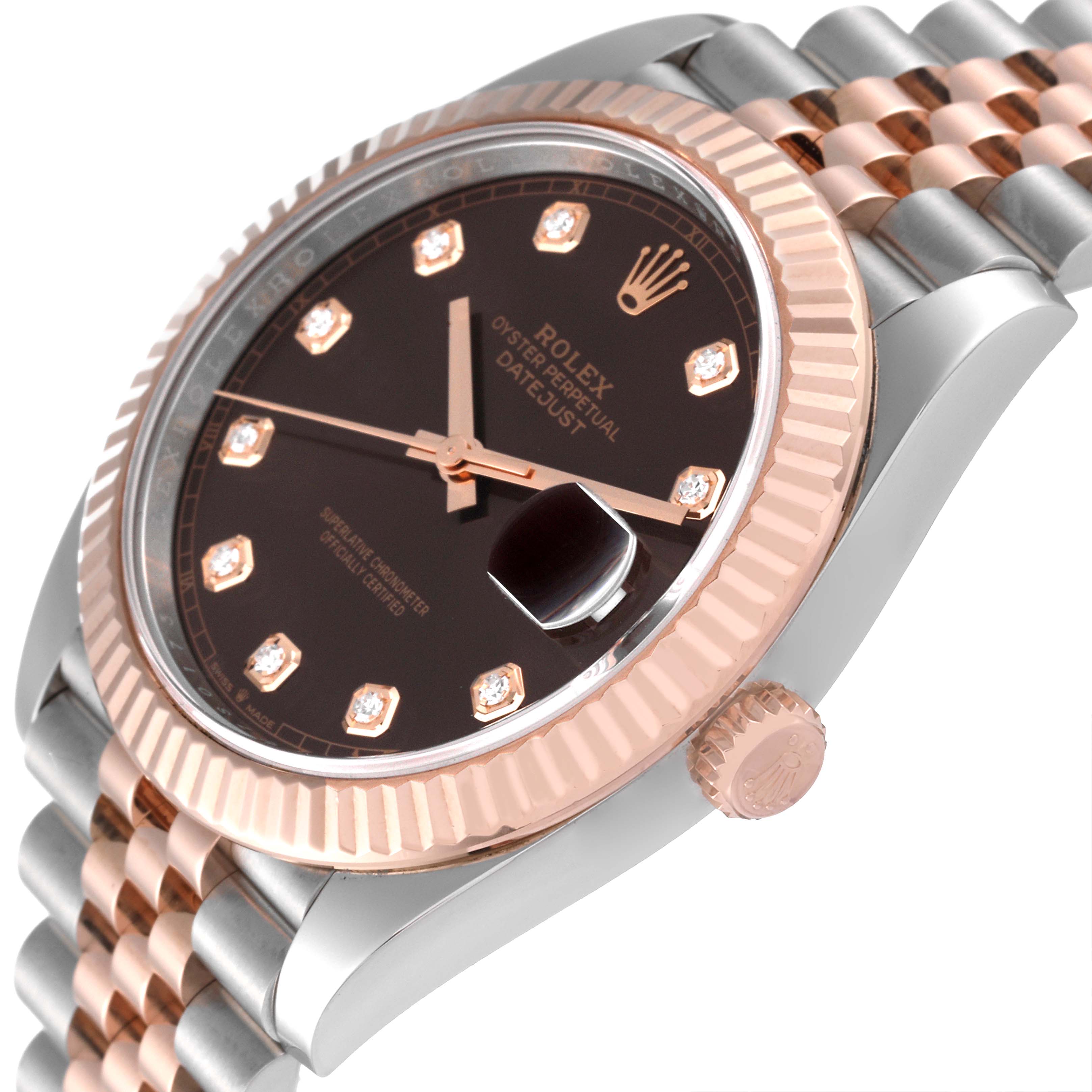 This image shows a side angle of a Rolex Datejust 41 126331 Men
s Steel and Gold (two tone) Brown Dial 126331 Men
s Steel and Gold (two tone) Brown Dial watch with a rose gold bezel and two-tone bracelet.