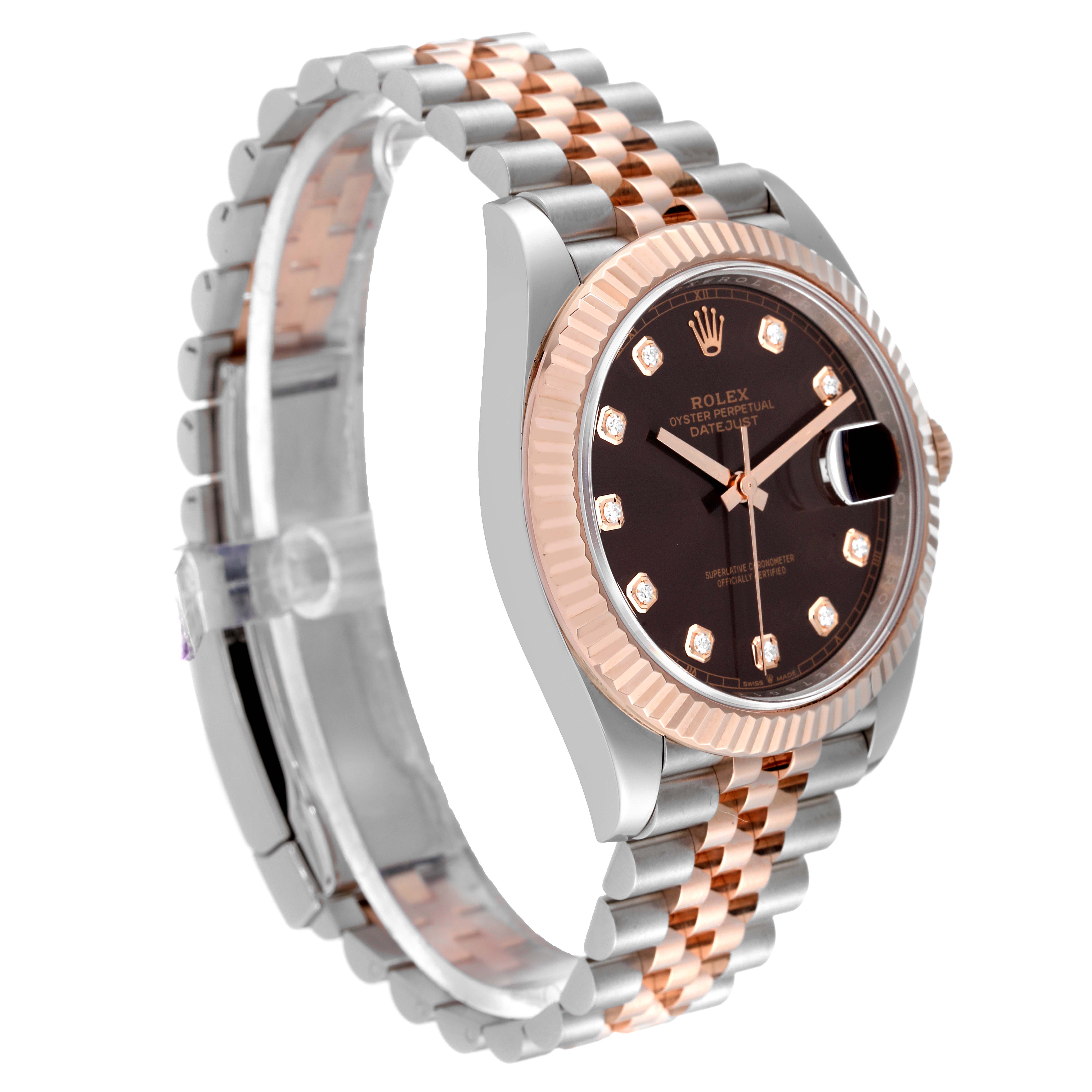 The Rolex Datejust 41 126331 Men
s Steel and Gold (two tone) Brown Dial 126331 Men
s Steel and Gold (two tone) Brown Dial watch is shown at a side angle, highlighting the dial, bezel, and bracelet.