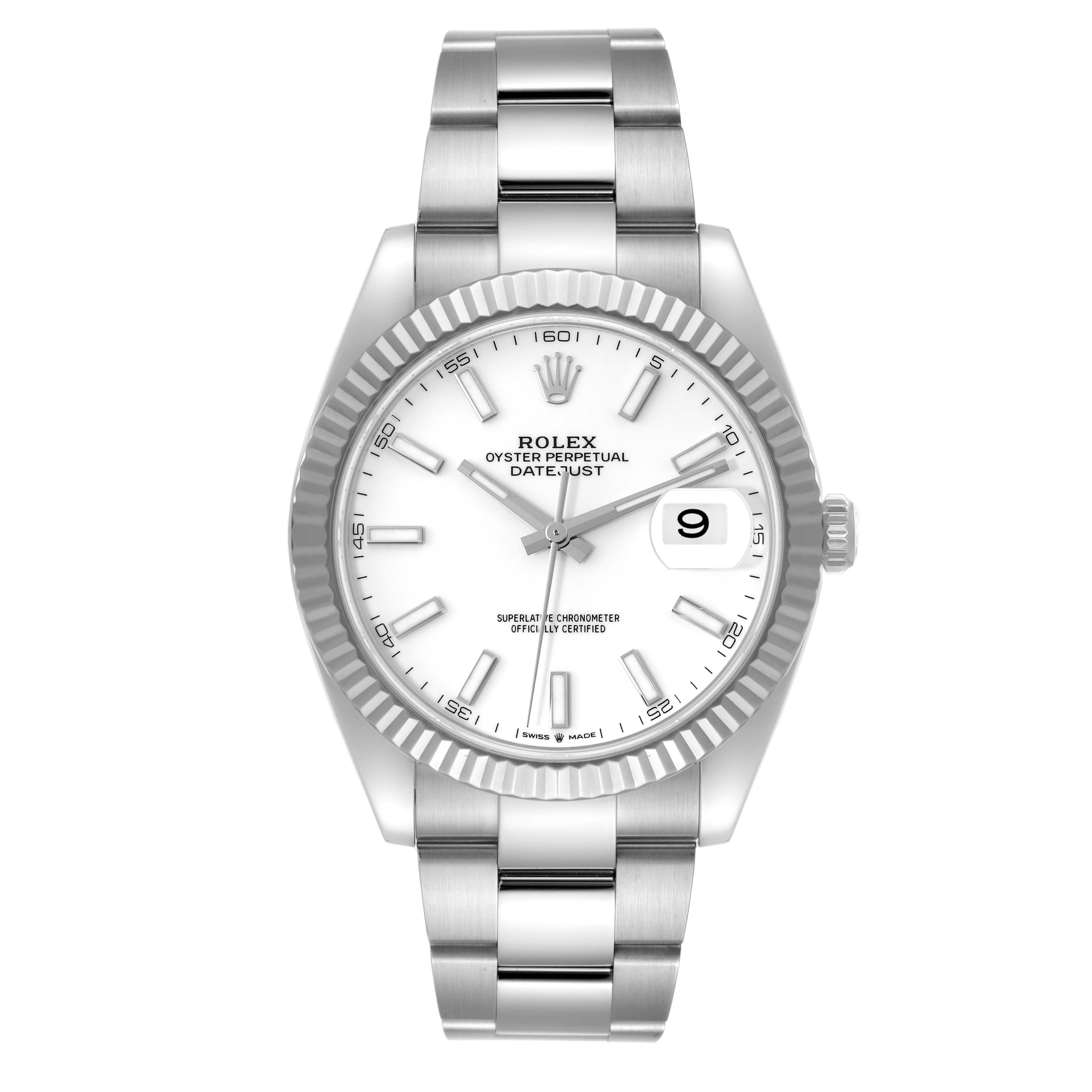 This image shows a front view of a Rolex Datejust 41 126334 Men's Stainless Steel White Dial 126334 Men's Stainless Steel White Dial watch, displaying its dial, hands, date window, and bracelet.