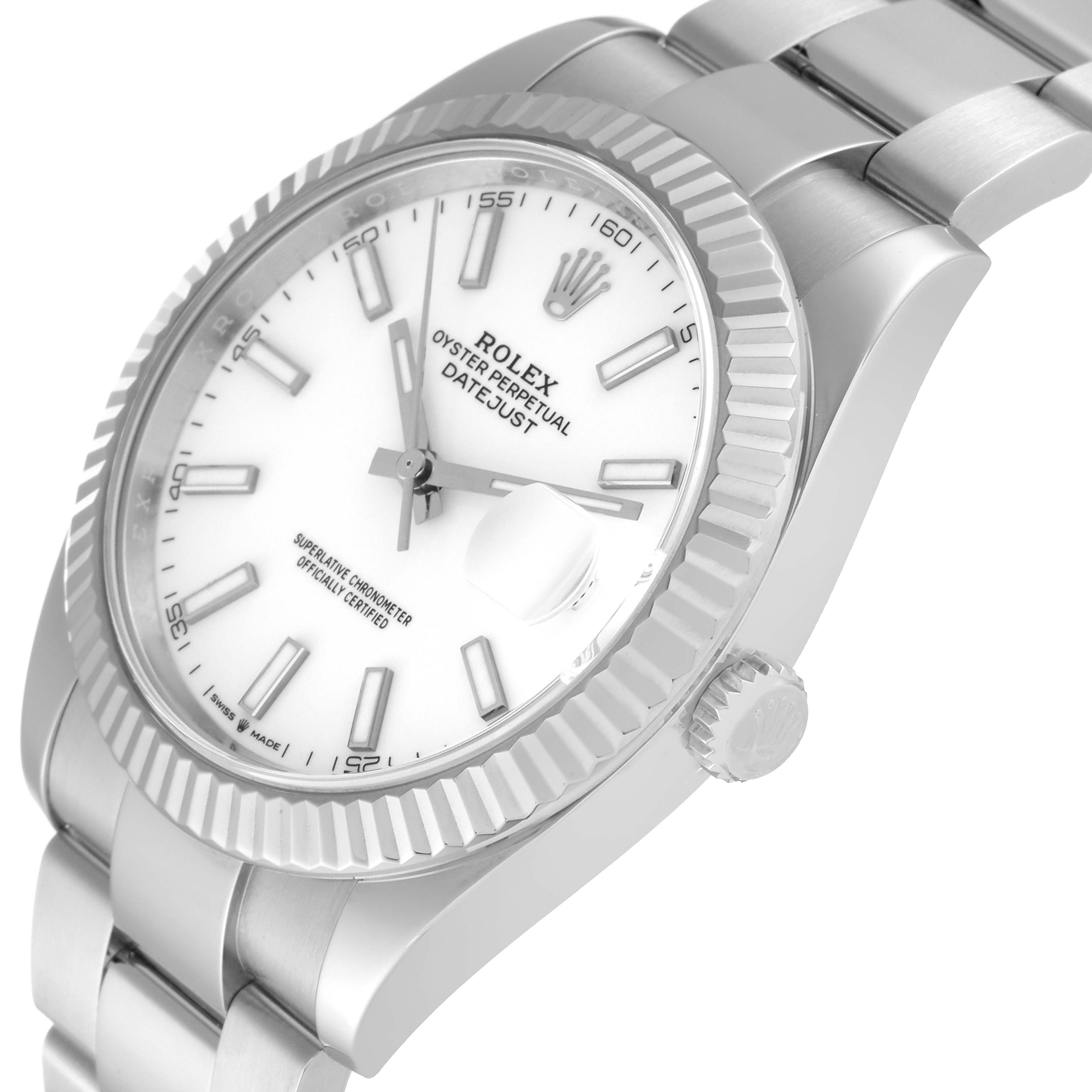 The image shows a close-up side angle of the Rolex Datejust 41 126334 Men's Stainless Steel White Dial 126334 Men's Stainless Steel White Dial, highlighting the dial, fluted bezel, and part of the bracelet.