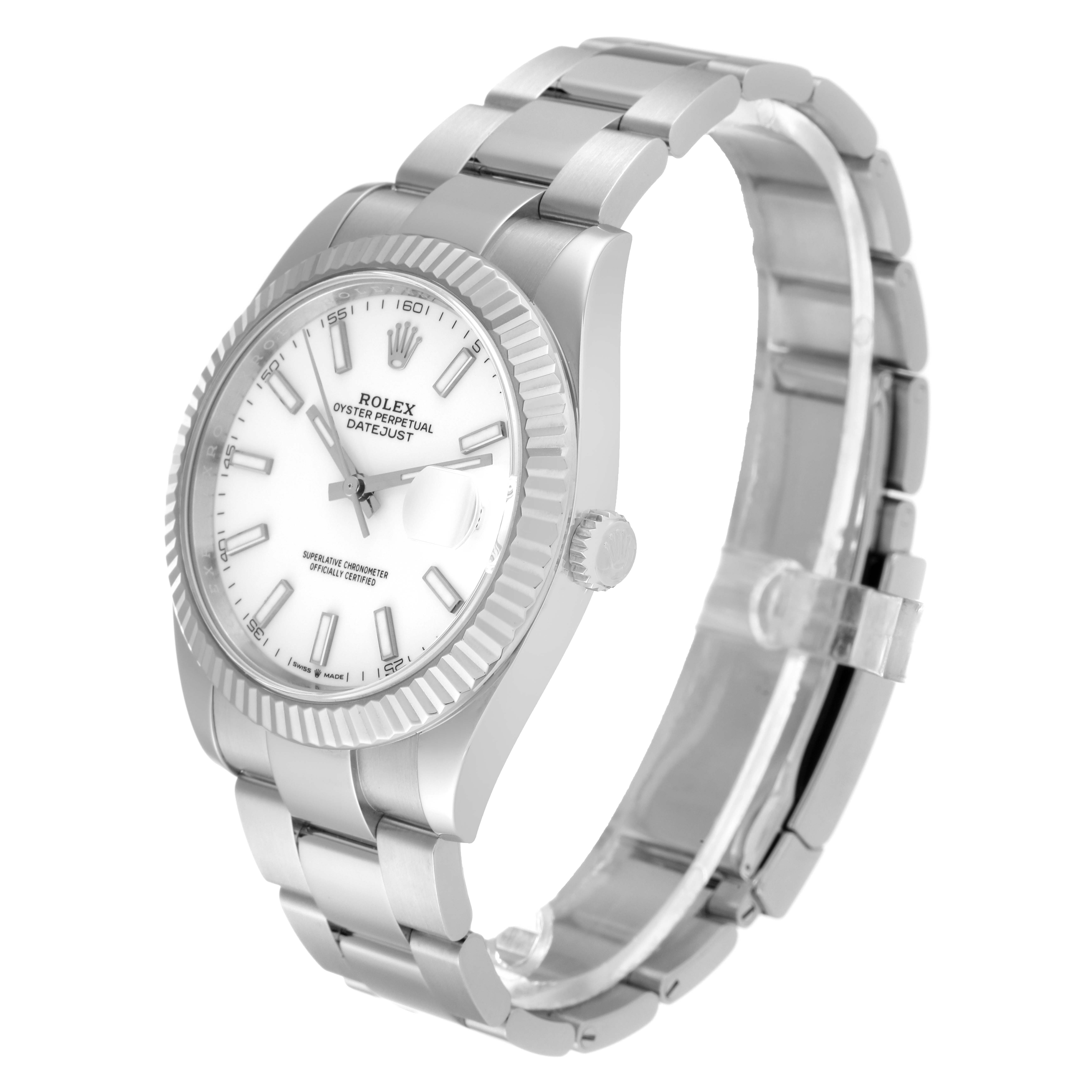 The Rolex Datejust 41 126334 Men's Stainless Steel White Dial 126334 Men's Stainless Steel White Dial watch is shown at an angle that displays the face, bezel, crown, and bracelet.