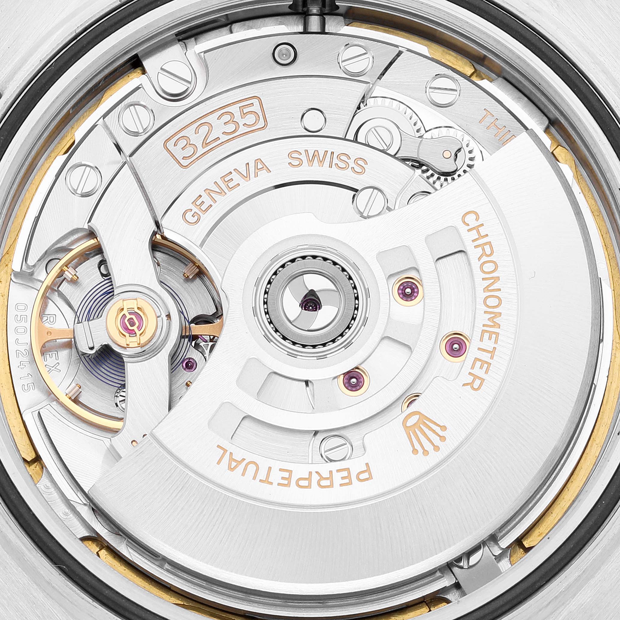 This image shows the movement of the Rolex Datejust 41 126334 Men's Stainless Steel White Dial 126334 Men's Stainless Steel White Dial model, specifically the Caliber 3235, including fine details like gears and inscriptions.