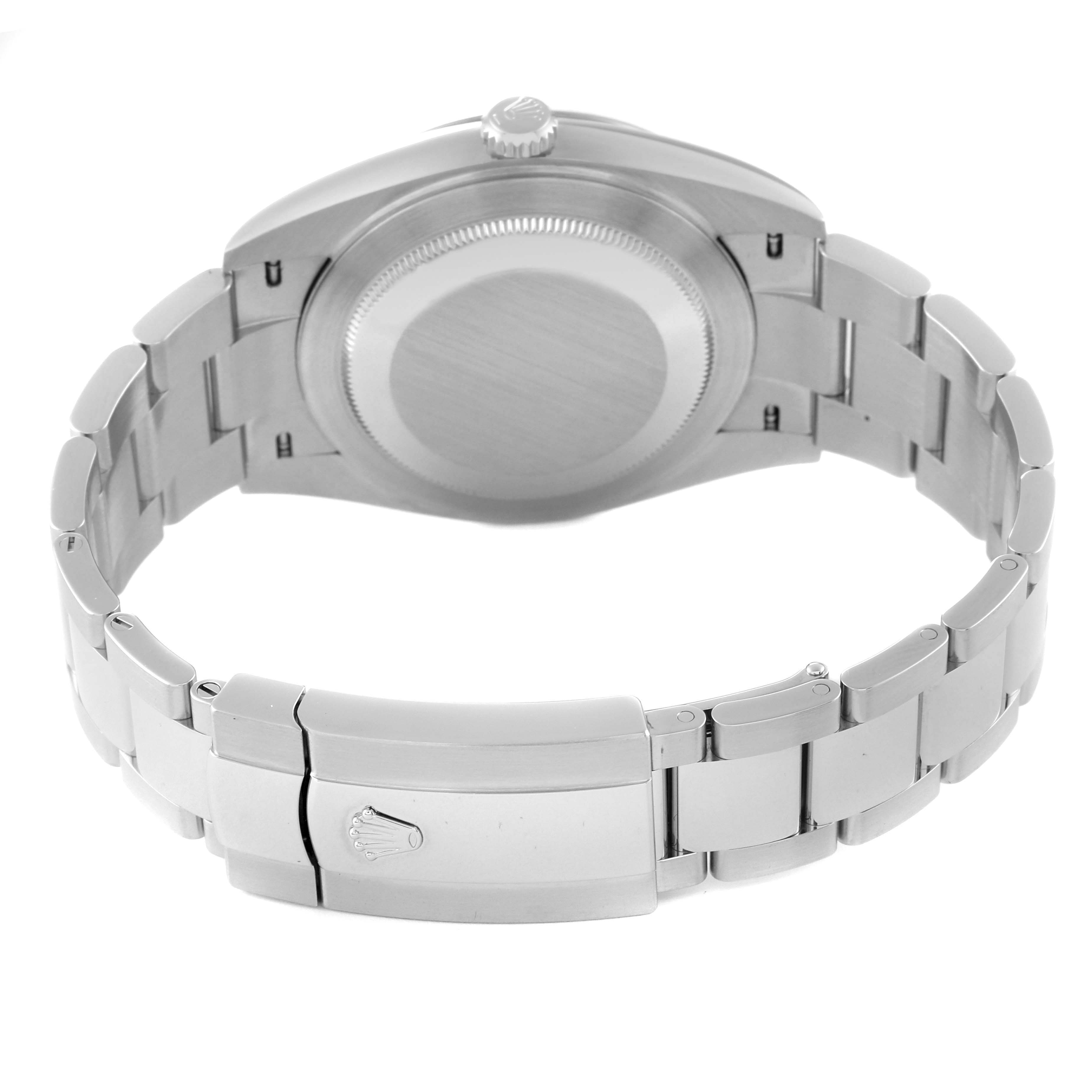 This image shows the back view of the Rolex Datejust 41 126334 Men's Stainless Steel White Dial 126334 Men's Stainless Steel White Dial's case and bracelet, highlighting the clasp with the Rolex logo.