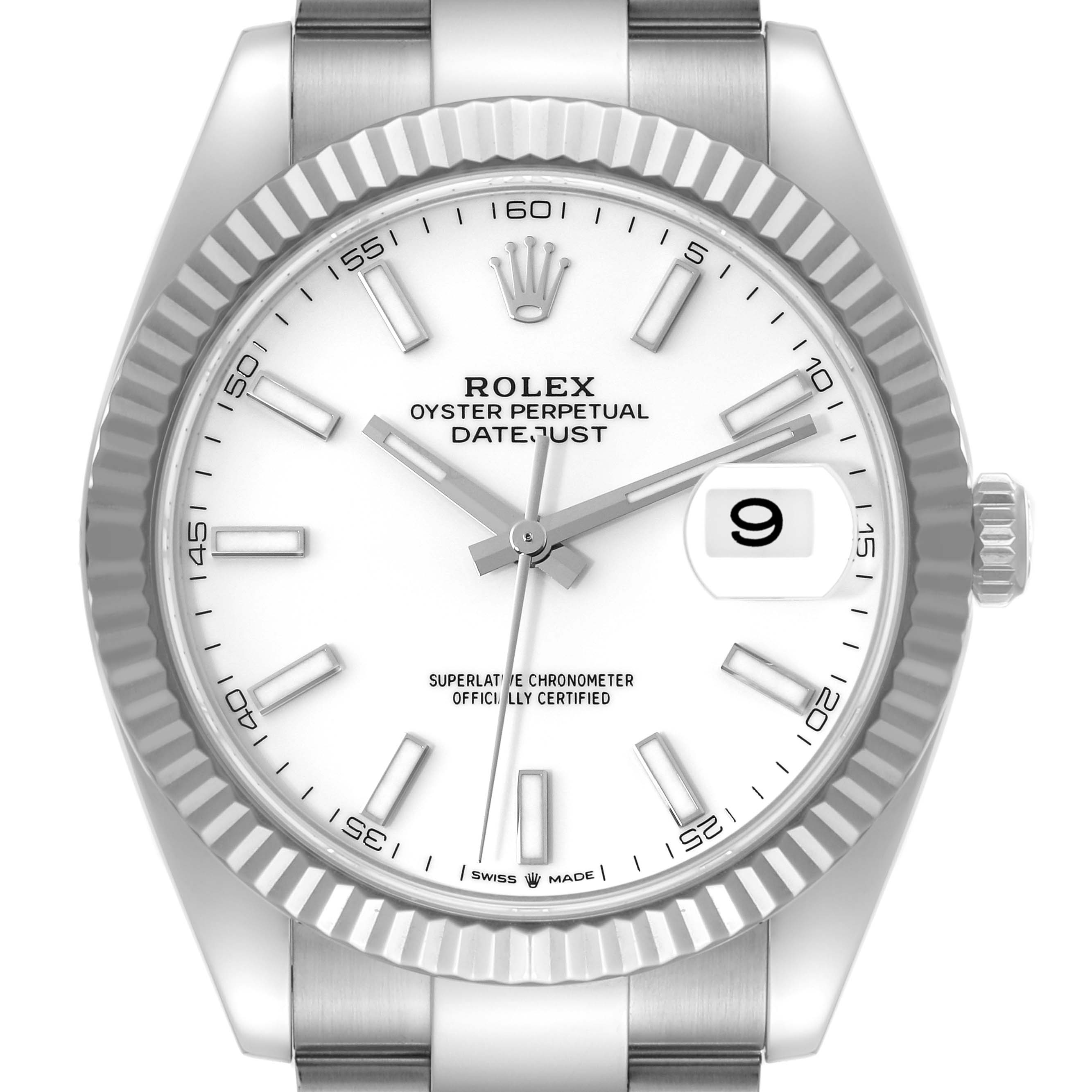 This image shows a front view of the Rolex Datejust 41 126334 Men's Stainless Steel White Dial 126334 Men's Stainless Steel White Dial watch, featuring its dial, hands, claps, date window, and bezel.
