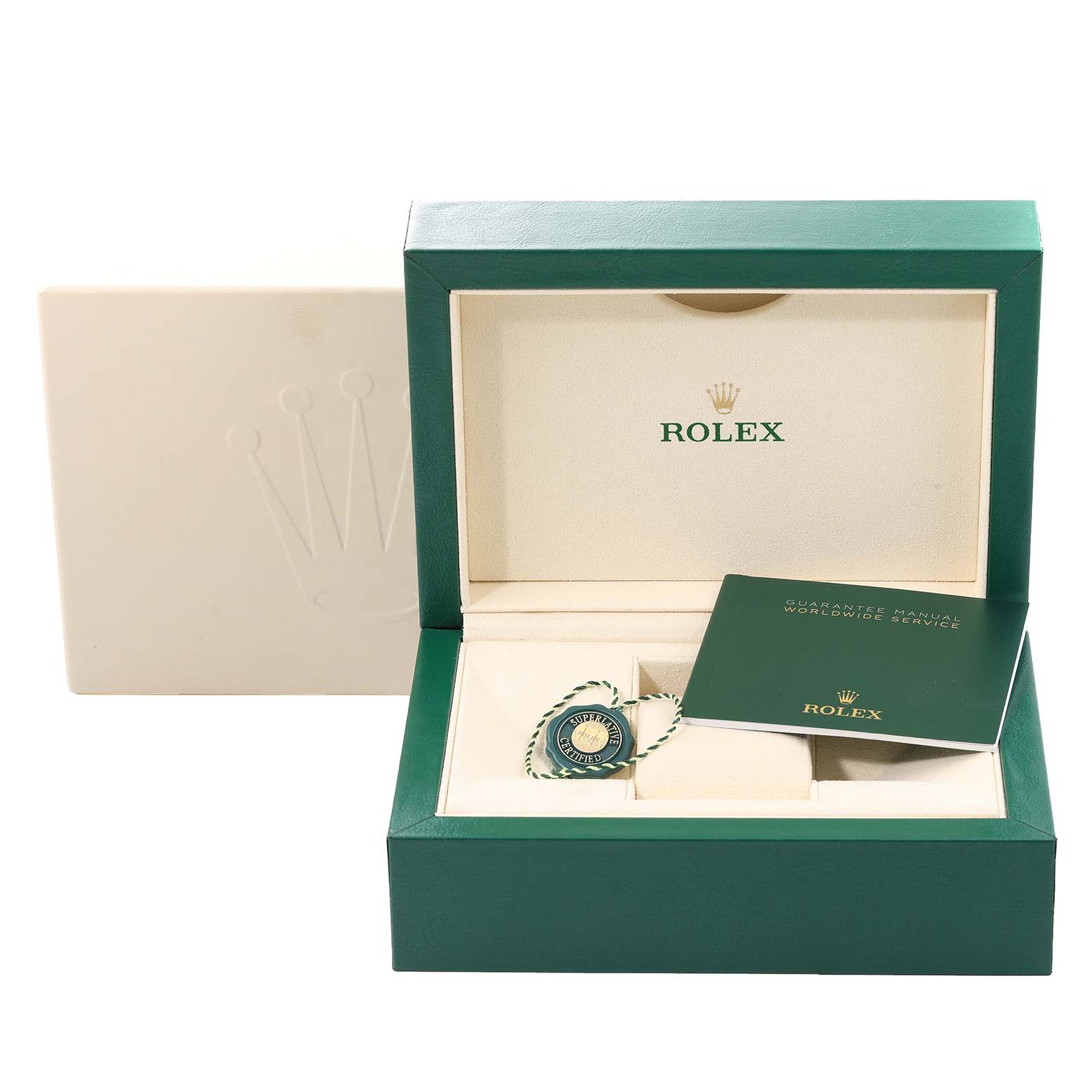 The image shows the open packaging of a Rolex Datejust 41 126334 Men's Stainless Steel White Dial 126334 Men's Stainless Steel White Dial watch, including the branded green box, tag, and guarantee manual.