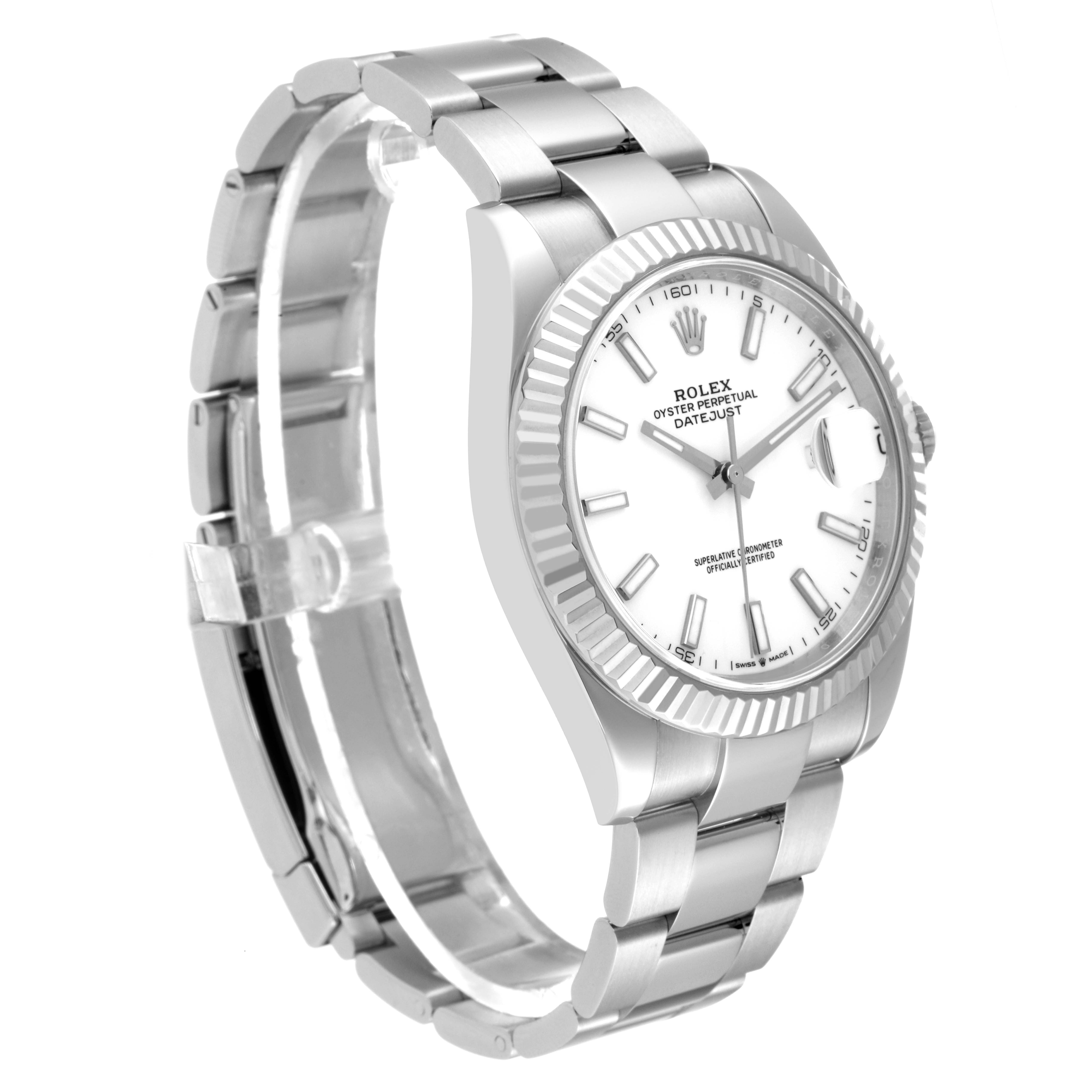 This image showcases the Rolex Datejust 41 126334 Men's Stainless Steel White Dial 126334 Men's Stainless Steel White Dial from a front and side angle, highlighting the watch case, dial, bezel, and bracelet.