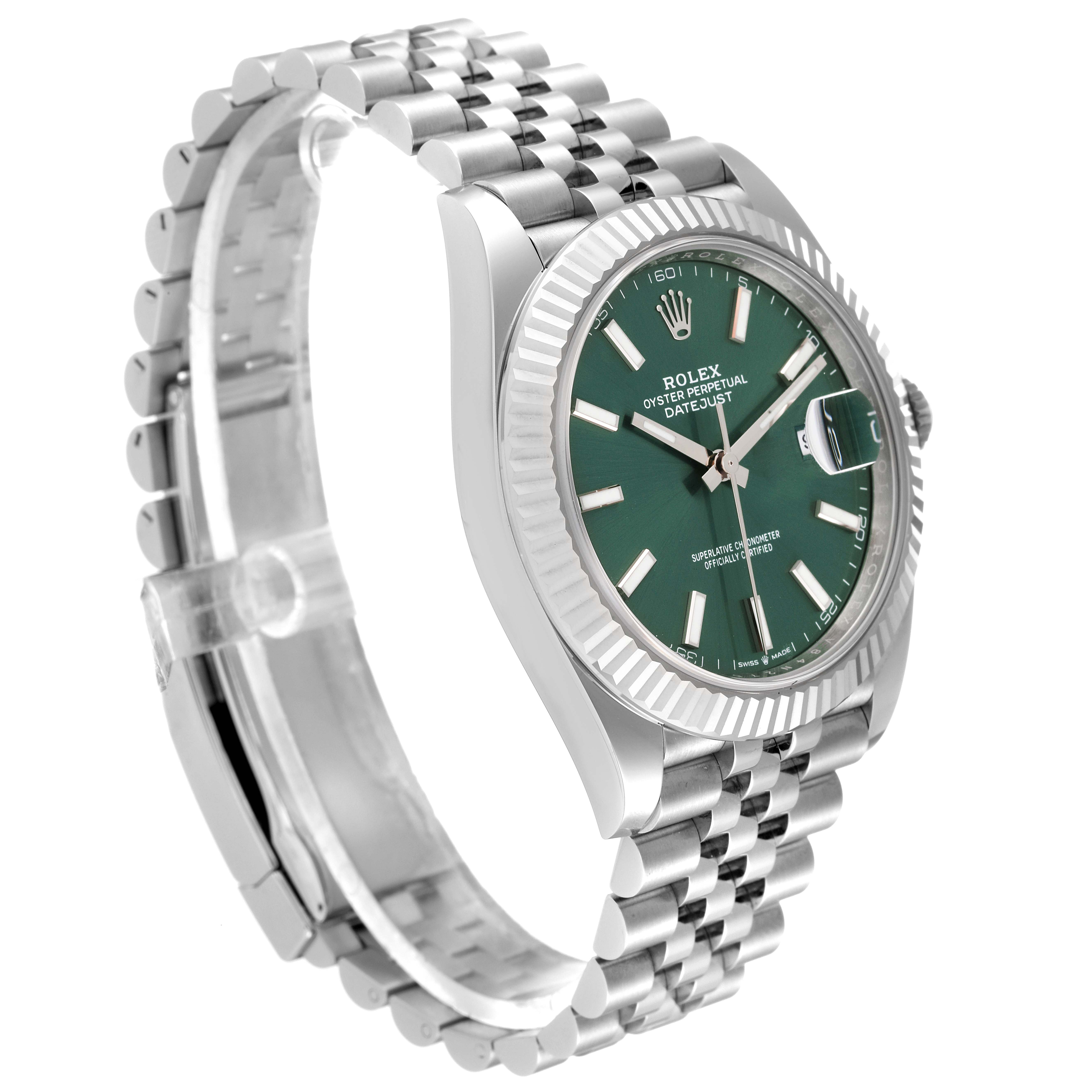 This image shows a Rolex Datejust 41 126334 Men's Stainless Steel Green Dial 126334 Men's Stainless Steel Green Dial watch at an angled side view highlighting its face, bezel, and Jubilee bracelet.