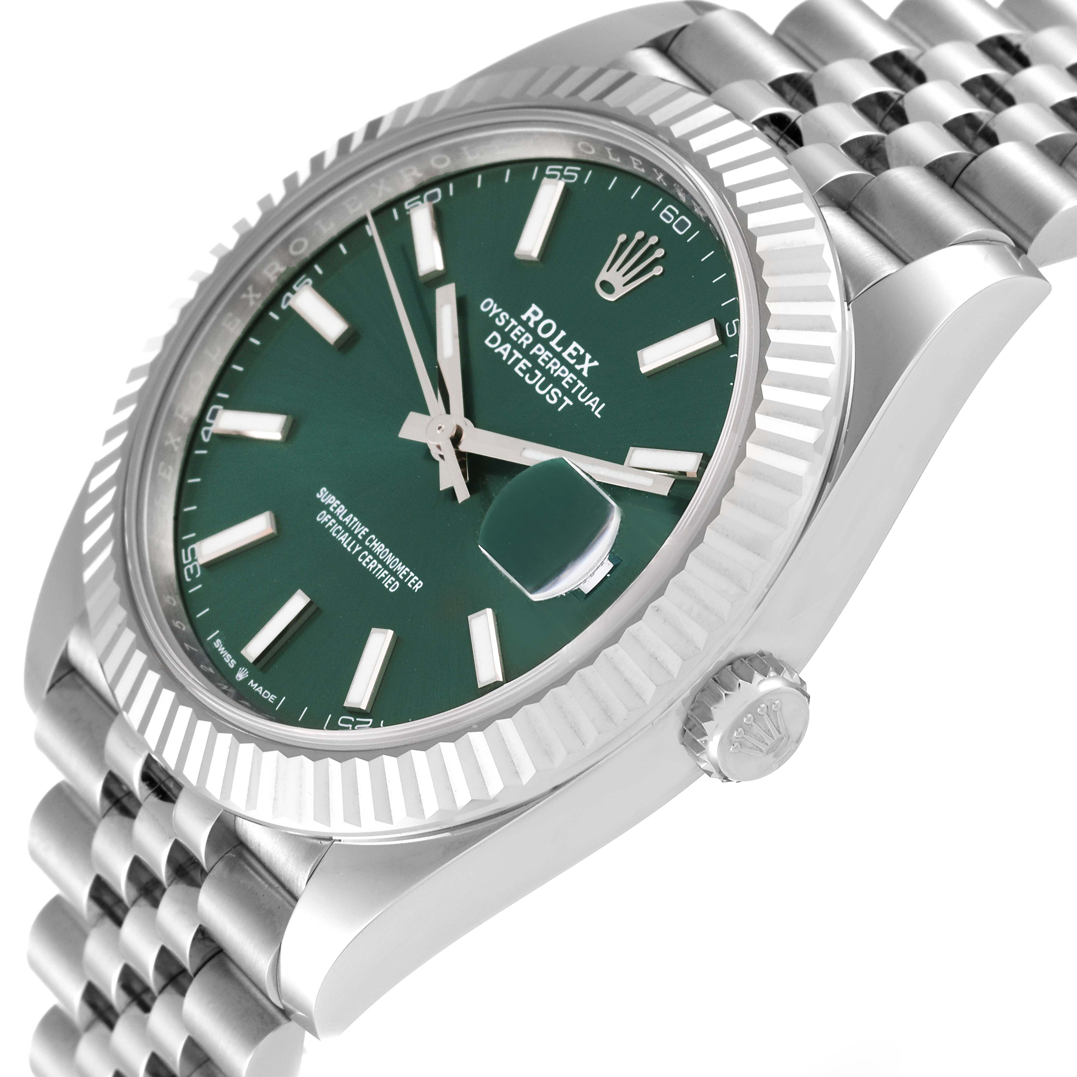 The image shows a close-up angle of the Rolex Datejust 41 126334 Men's Stainless Steel Green Dial 126334 Men's Stainless Steel Green Dial model, highlighting the green dial, bezel, crown, and part of the bracelet.