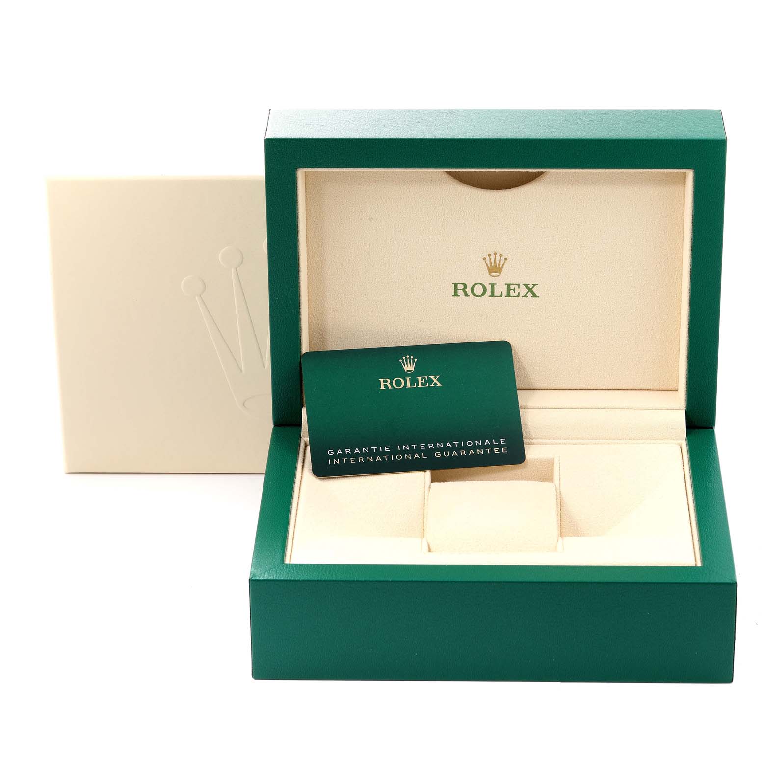The image shows an empty Rolex Datejust 41 126334 Men's Stainless Steel Green Dial 126334 Men's Stainless Steel Green Dial watch box with an international guarantee card.