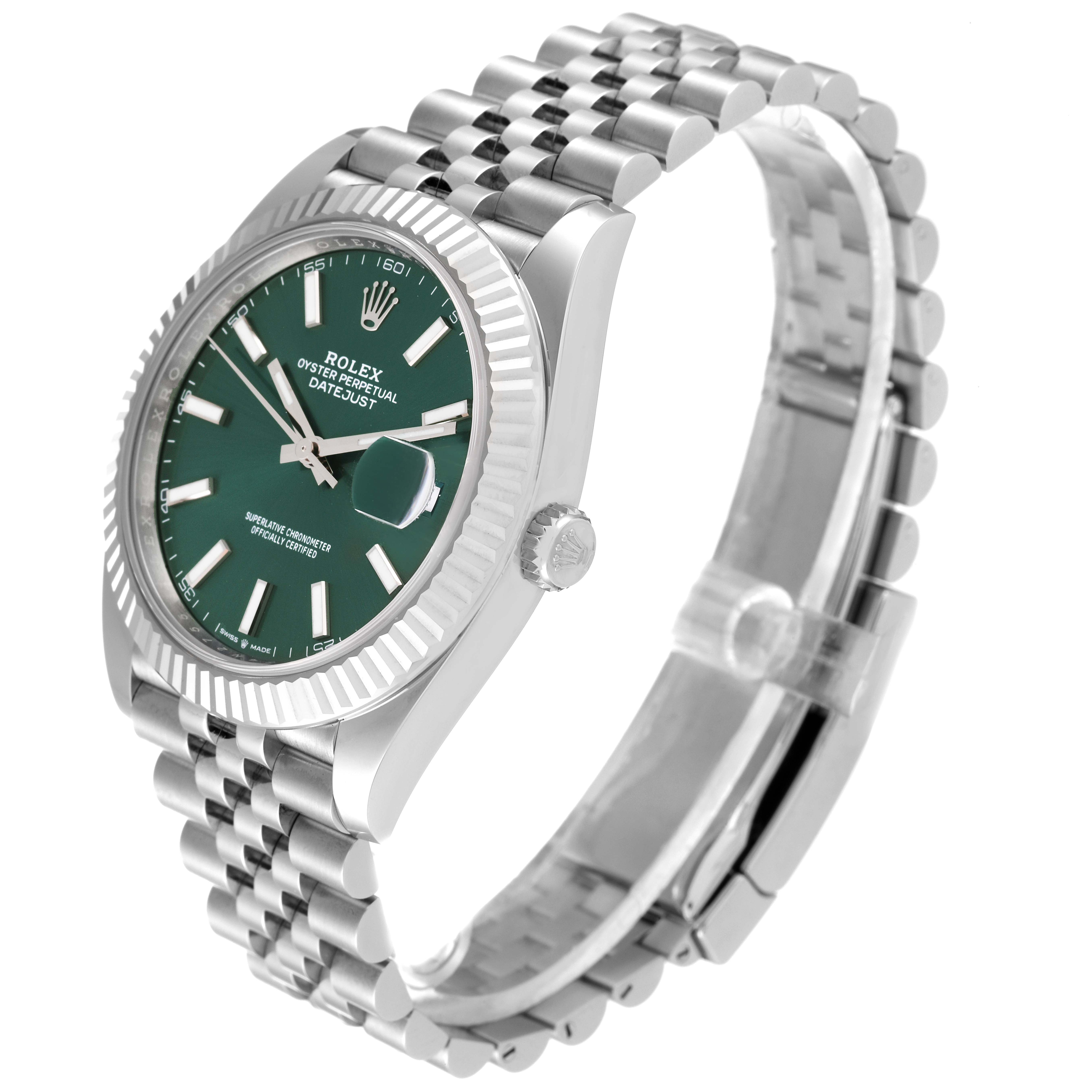 The image shows a side angle view of a Rolex Datejust 41 126334 Men's Stainless Steel Green Dial 126334 Men's Stainless Steel Green Dial, highlighting its green dial, fluted bezel, and Jubilee bracelet.