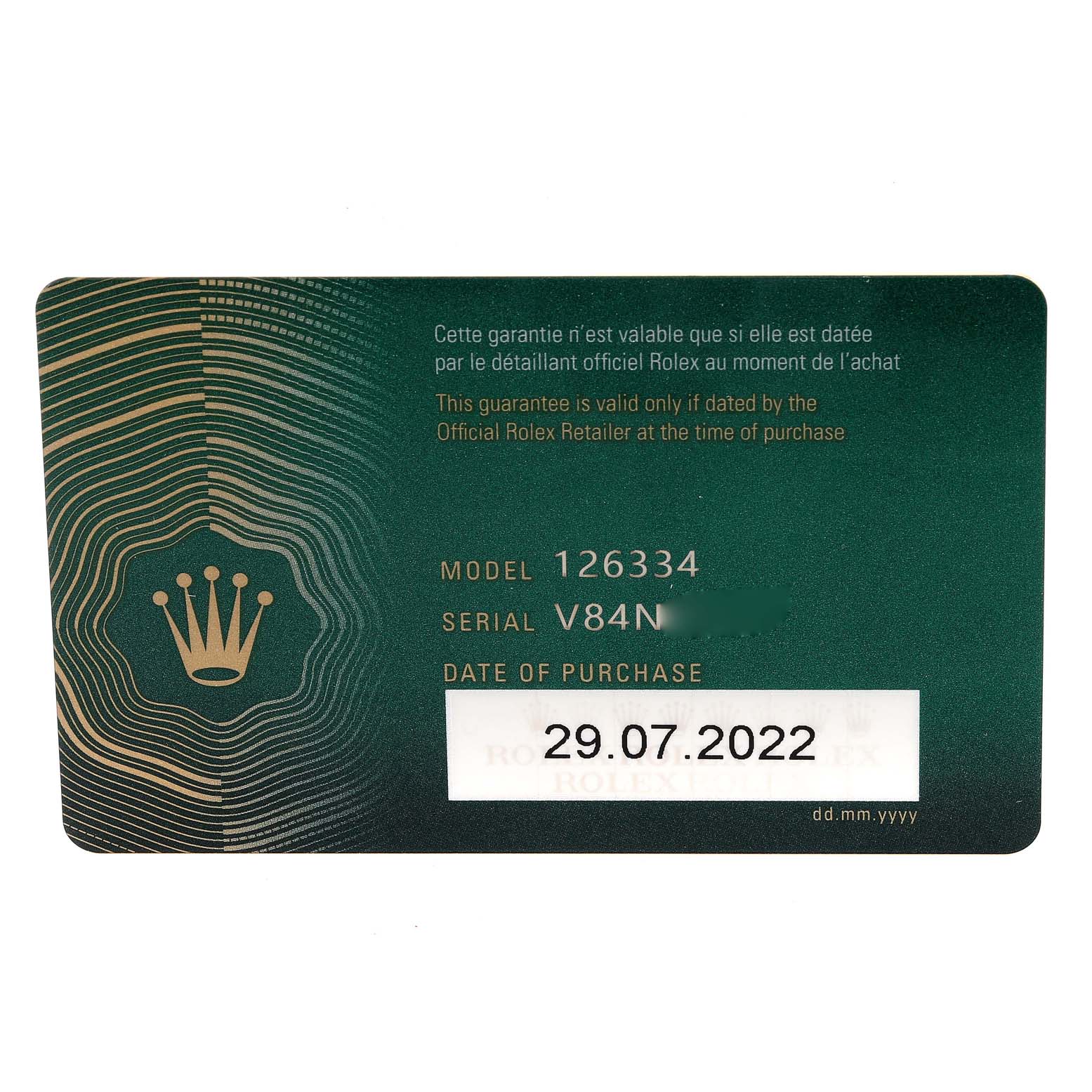 This image shows a warranty card for the Rolex Datejust 41 126334 Men's Stainless Steel Green Dial 126334 Men's Stainless Steel Green Dial model, displaying the model number, serial number, and date of purchase.