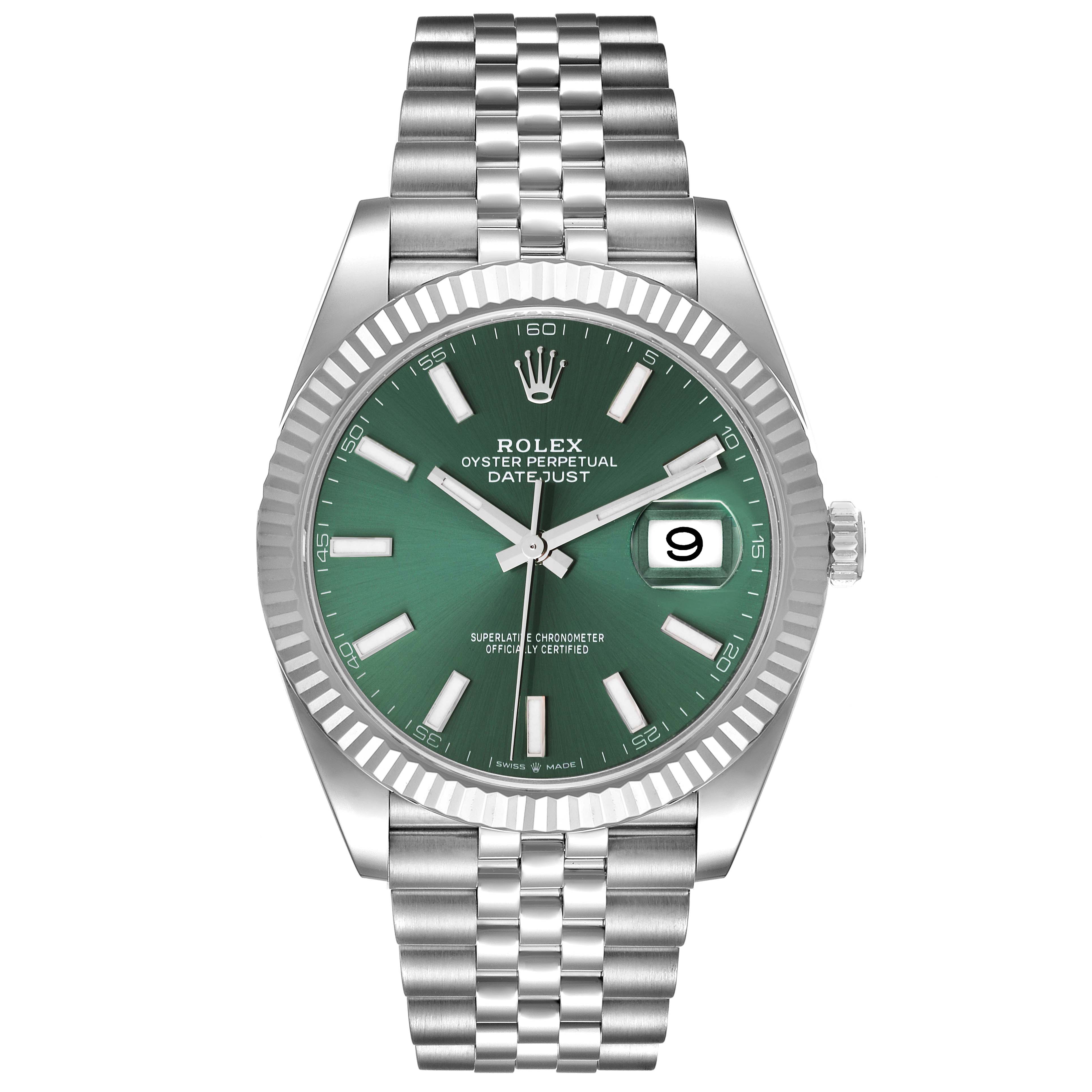 The image shows a front view of the Rolex Datejust 41 126334 Men's Stainless Steel Green Dial 126334 Men's Stainless Steel Green Dial model, featuring a green dial, date display, and a Jubilee bracelet.