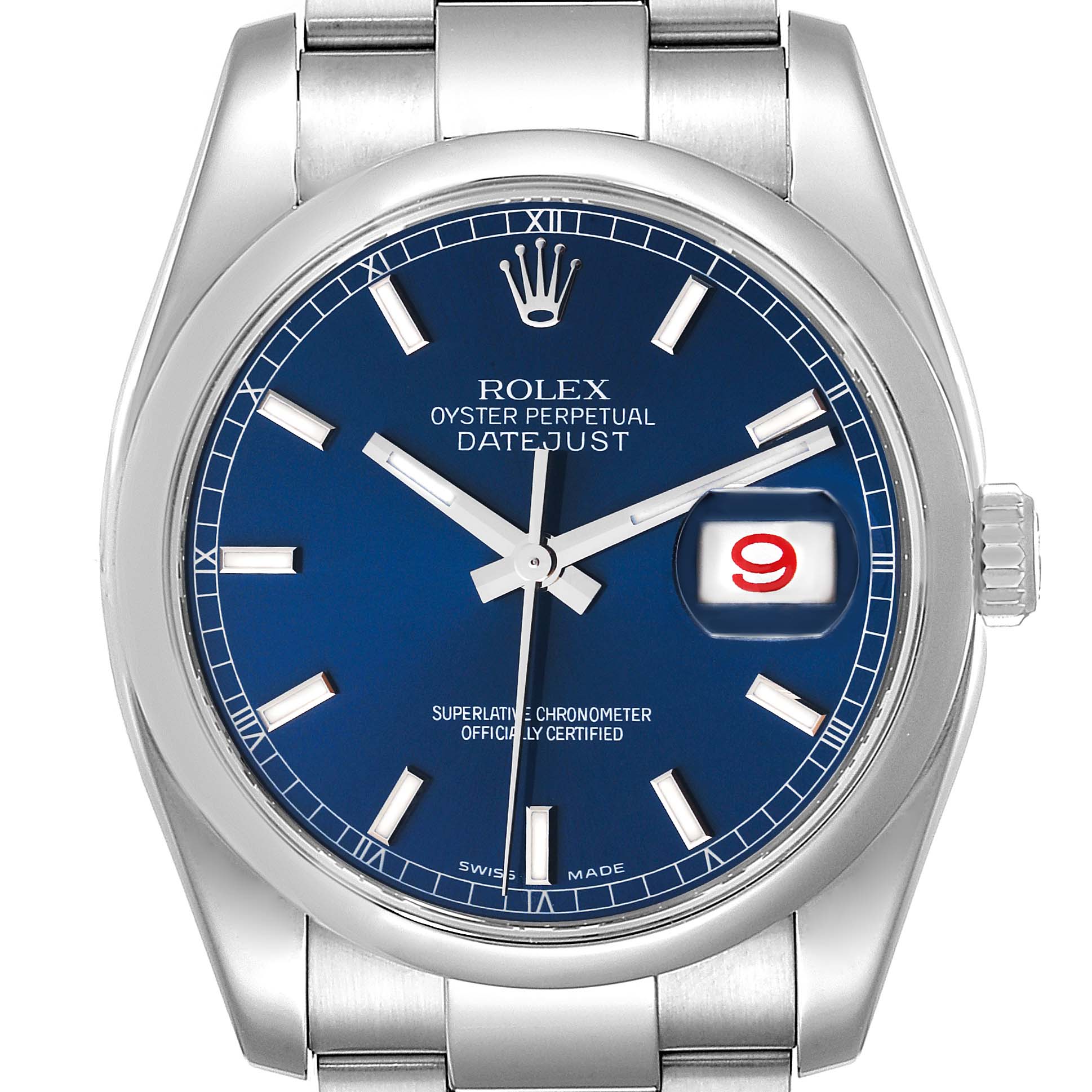 This image shows the face and part of the bracelet of a Rolex Datejust 116200 Men's Stainless Steel Blue Dial 116200 Men's Stainless Steel Blue Dial watch, viewed from the front.