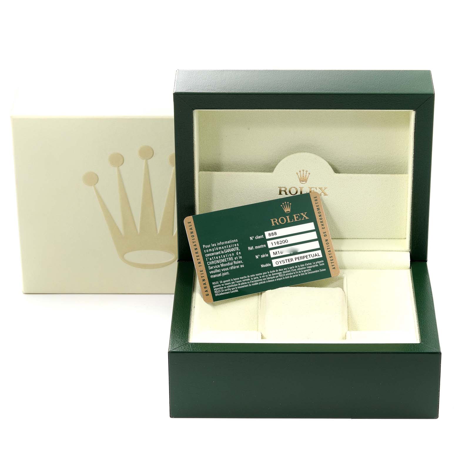 This image shows the open box and authenticity card for a Rolex Datejust 116200 Men's Stainless Steel Blue Dial 116200 Men's Stainless Steel Blue Dial watch, angled from the front.