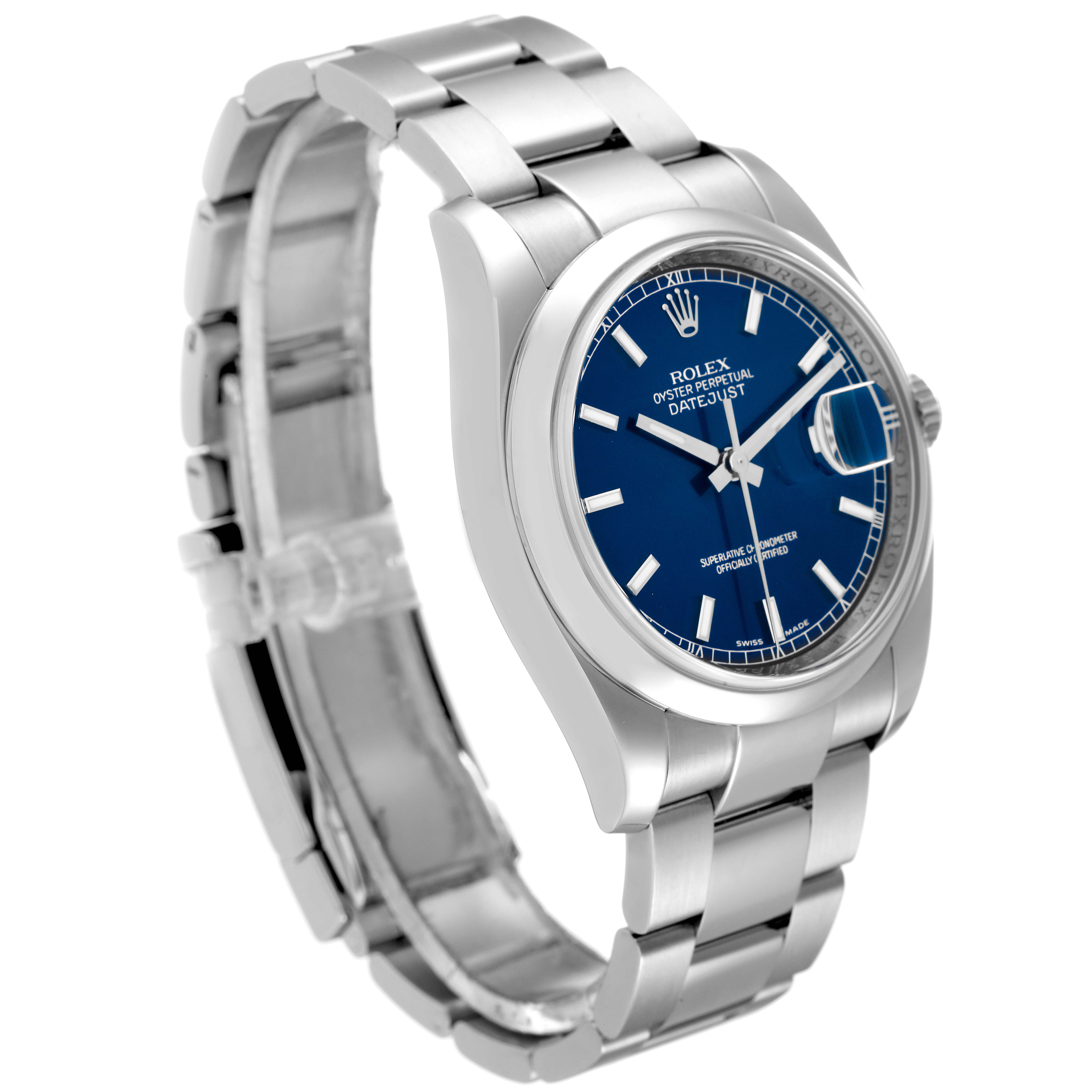 This image shows a side-angle view of a Rolex Datejust 116200 Men's Stainless Steel Blue Dial 116200 Men's Stainless Steel Blue Dial watch, highlighting its blue dial, stainless steel case, and bracelet.
