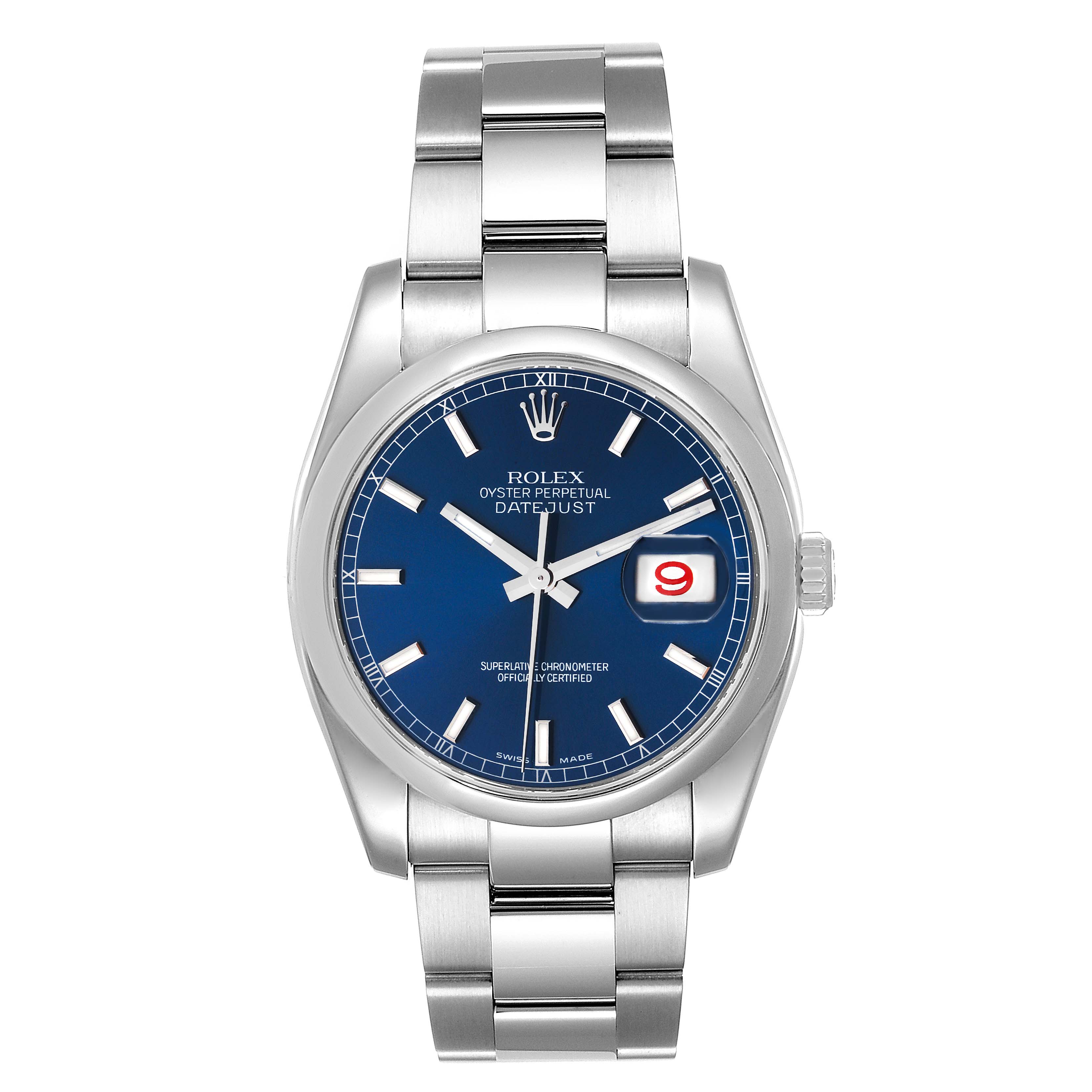 This image shows a frontal view of a Rolex Datejust 116200 Men's Stainless Steel Blue Dial 116200 Men's Stainless Steel Blue Dial watch, featuring a blue dial, date window, and silver bracelet.