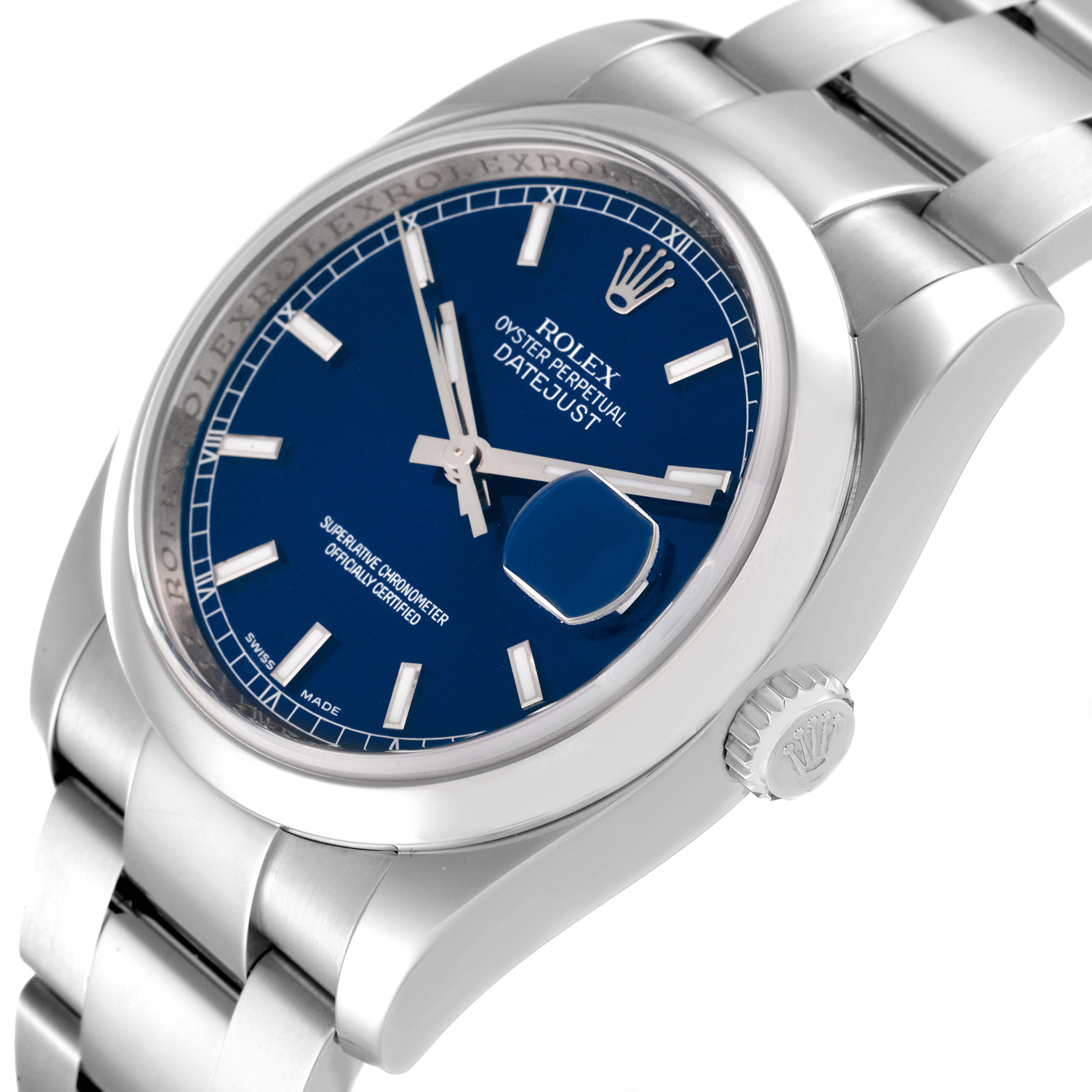 This is a side angle view of a Rolex Datejust 116200 Men's Stainless Steel Blue Dial 116200 Men's Stainless Steel Blue Dial watch, highlighting the blue dial, hour markers, bracelet, and crown.
