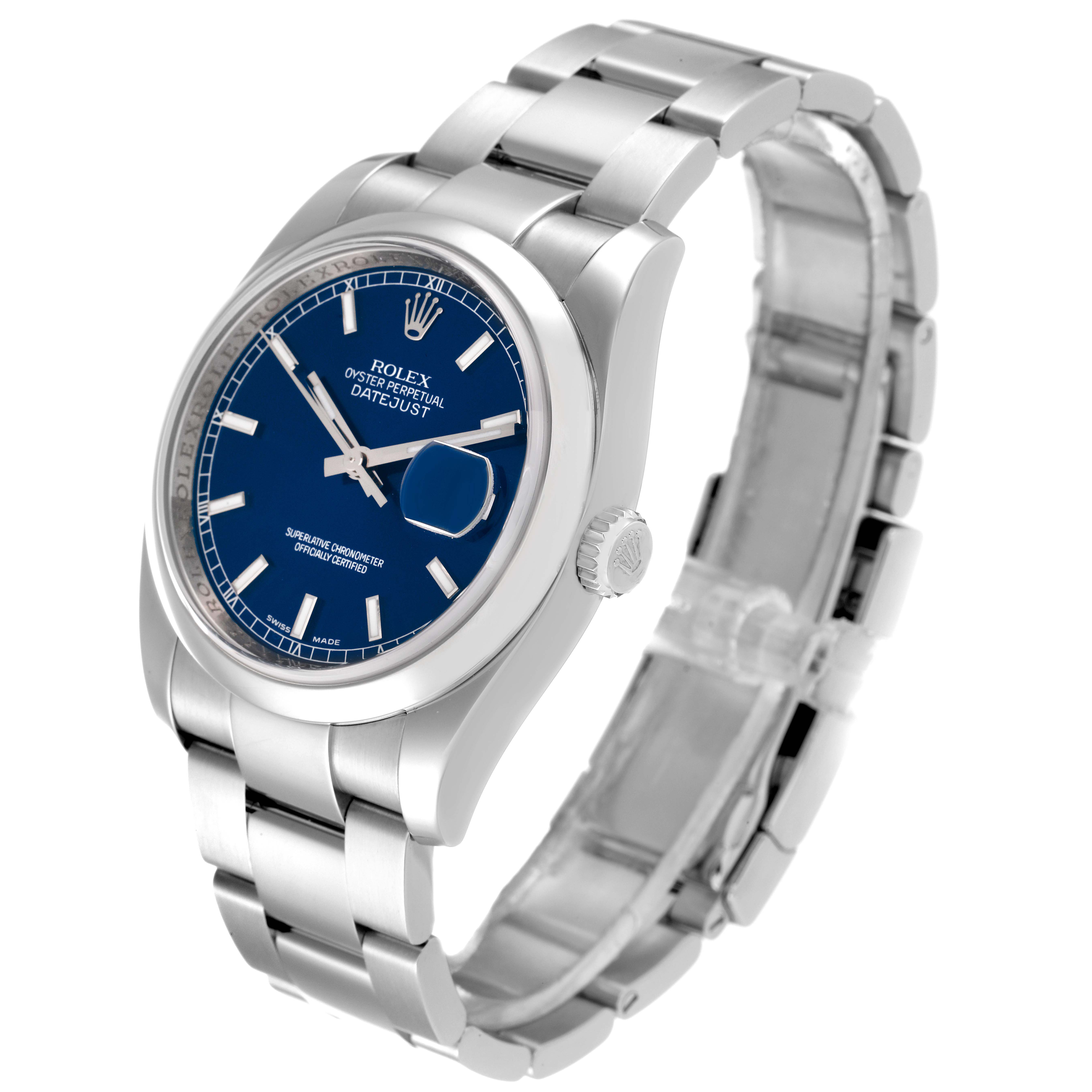 The image shows a Rolex Datejust 116200 Men's Stainless Steel Blue Dial 116200 Men's Stainless Steel Blue Dial watch at a three-quarter angle, highlighting the blue dial, metal bracelet, and crown.