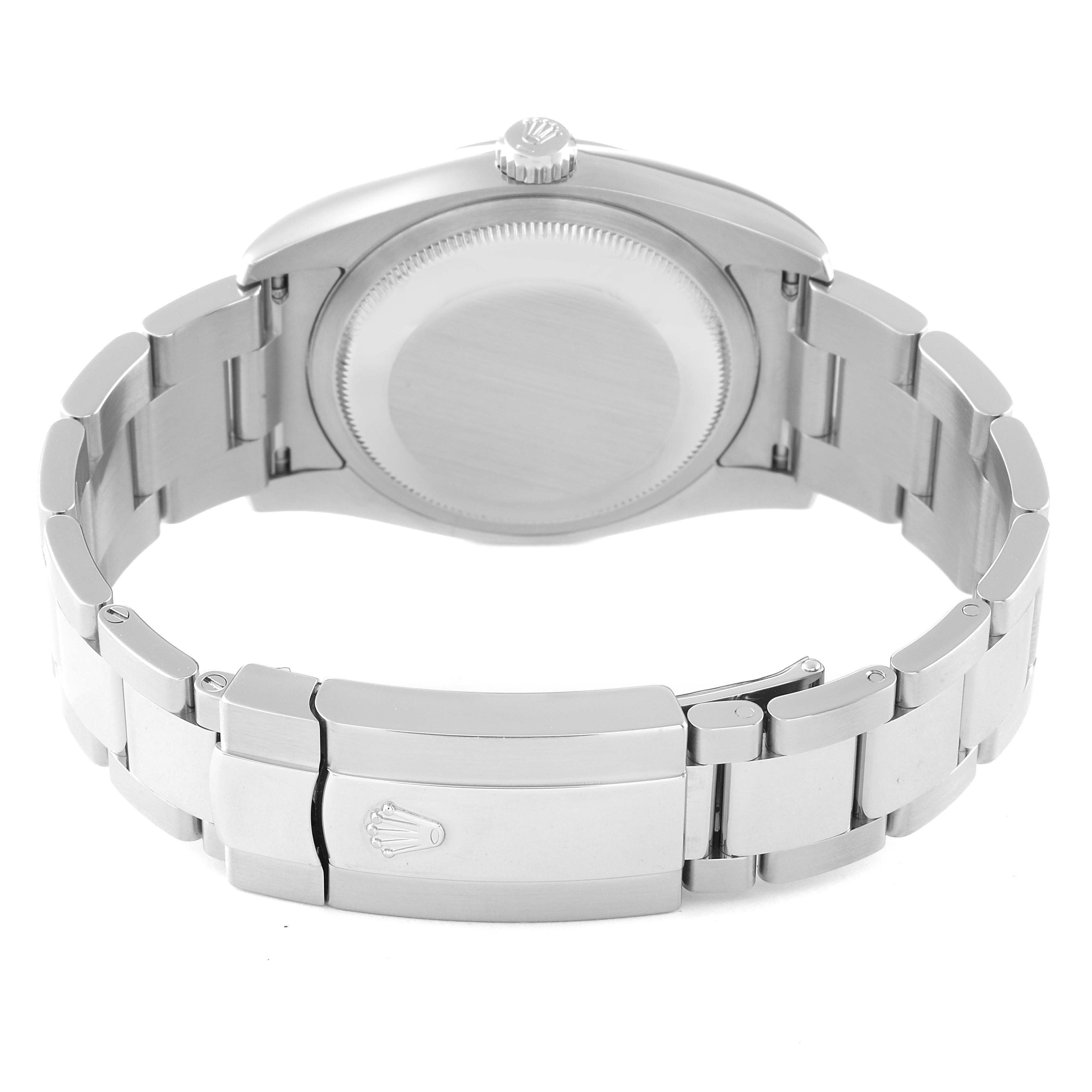 The image shows the back view of a Rolex Datejust 116200 Men's Stainless Steel Blue Dial 116200 Men's Stainless Steel Blue Dial watch, highlighting its bracelet, clasp, and case back.