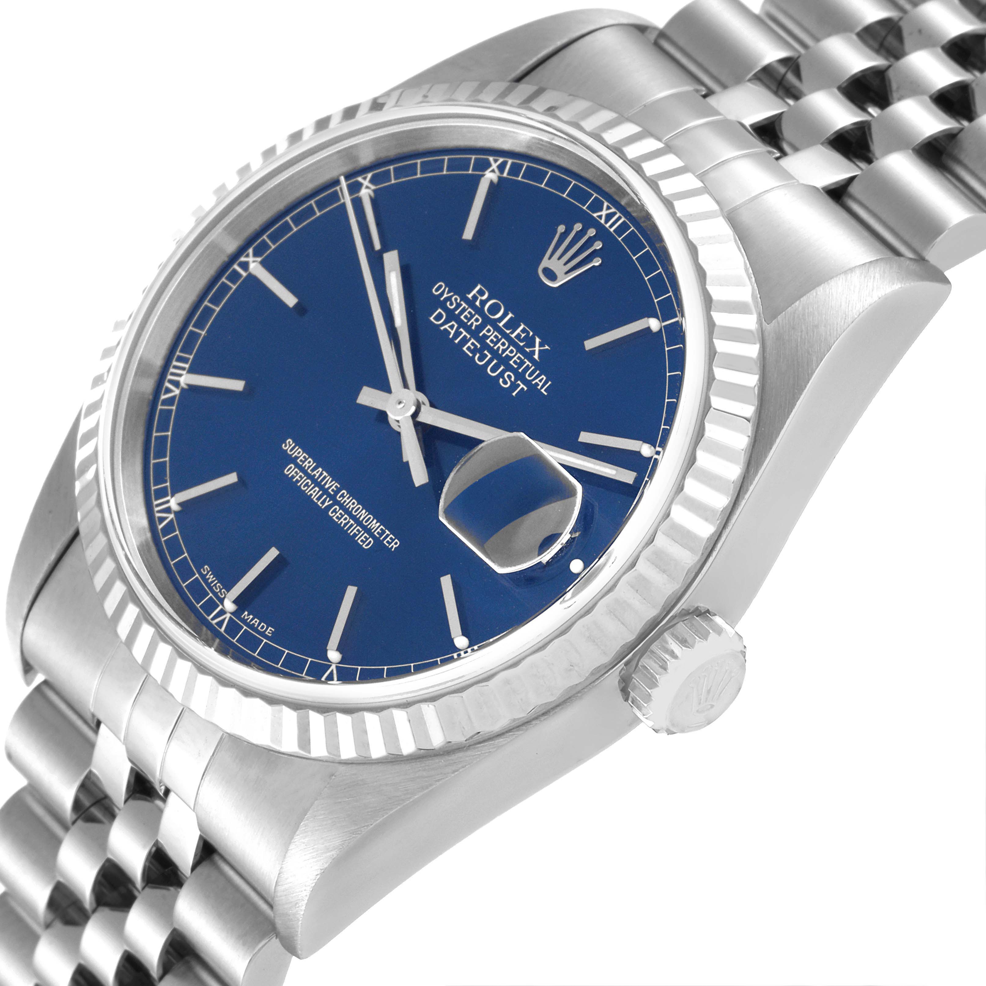 This is a close-up of a Rolex Datejust 16234 Men's Stainless Steel Blue Dial 16234 Men's Stainless Steel Blue Dial watch showing the blue dial, bezel, crown, and part of the bracelet from an angled perspective.