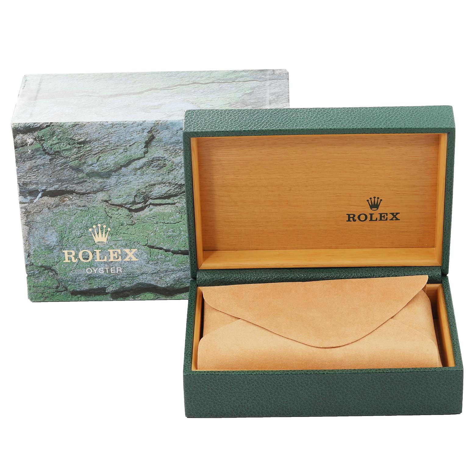 The image shows an open Rolex Datejust 16234 Men's Stainless Steel Blue Dial 16234 Men's Stainless Steel Blue Dial watch box with an outer green box and a suede pouch inside.