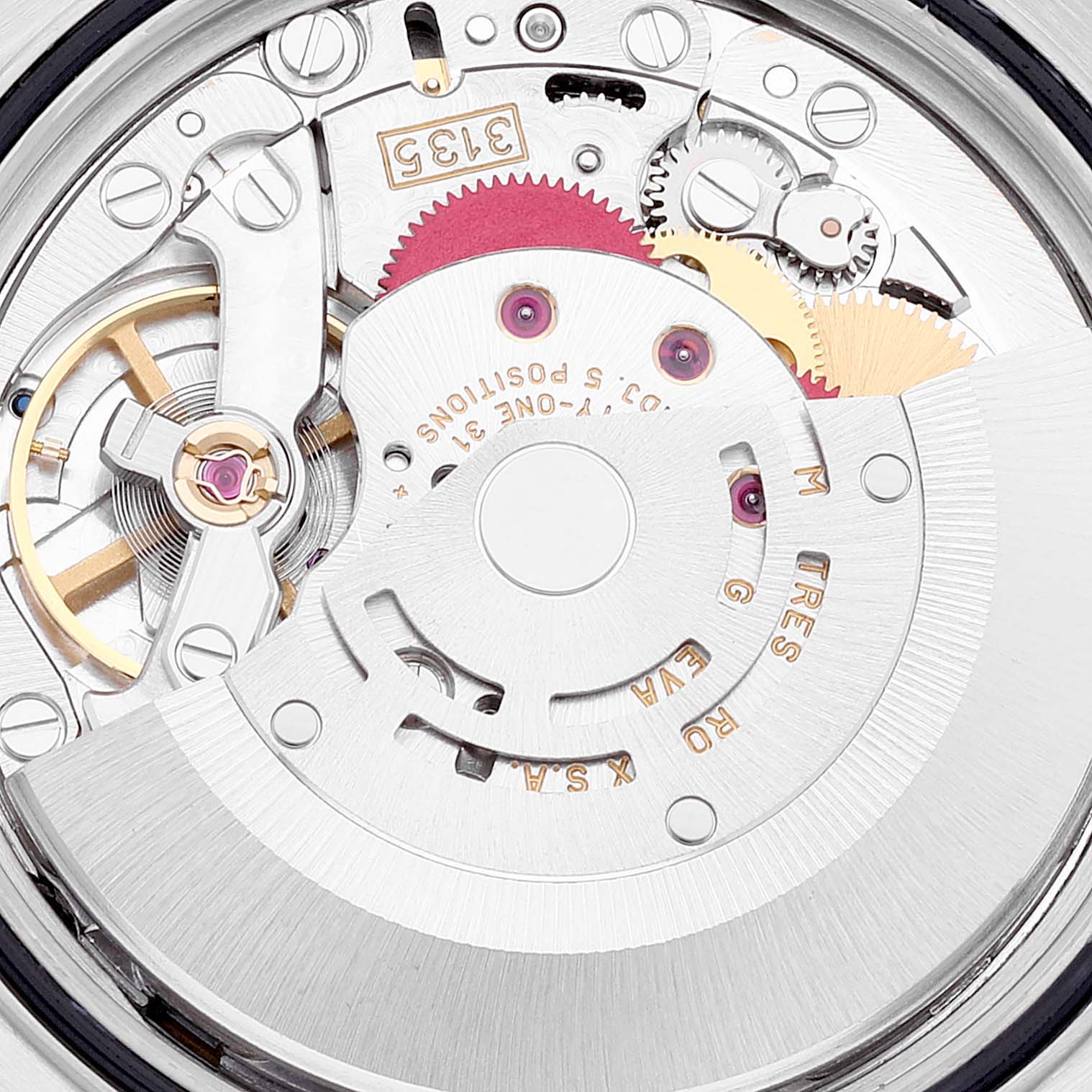 This image shows a close-up view of the movement mechanism inside a Rolex Datejust 16234 Men's Stainless Steel Blue Dial 16234 Men's Stainless Steel Blue Dial watch.