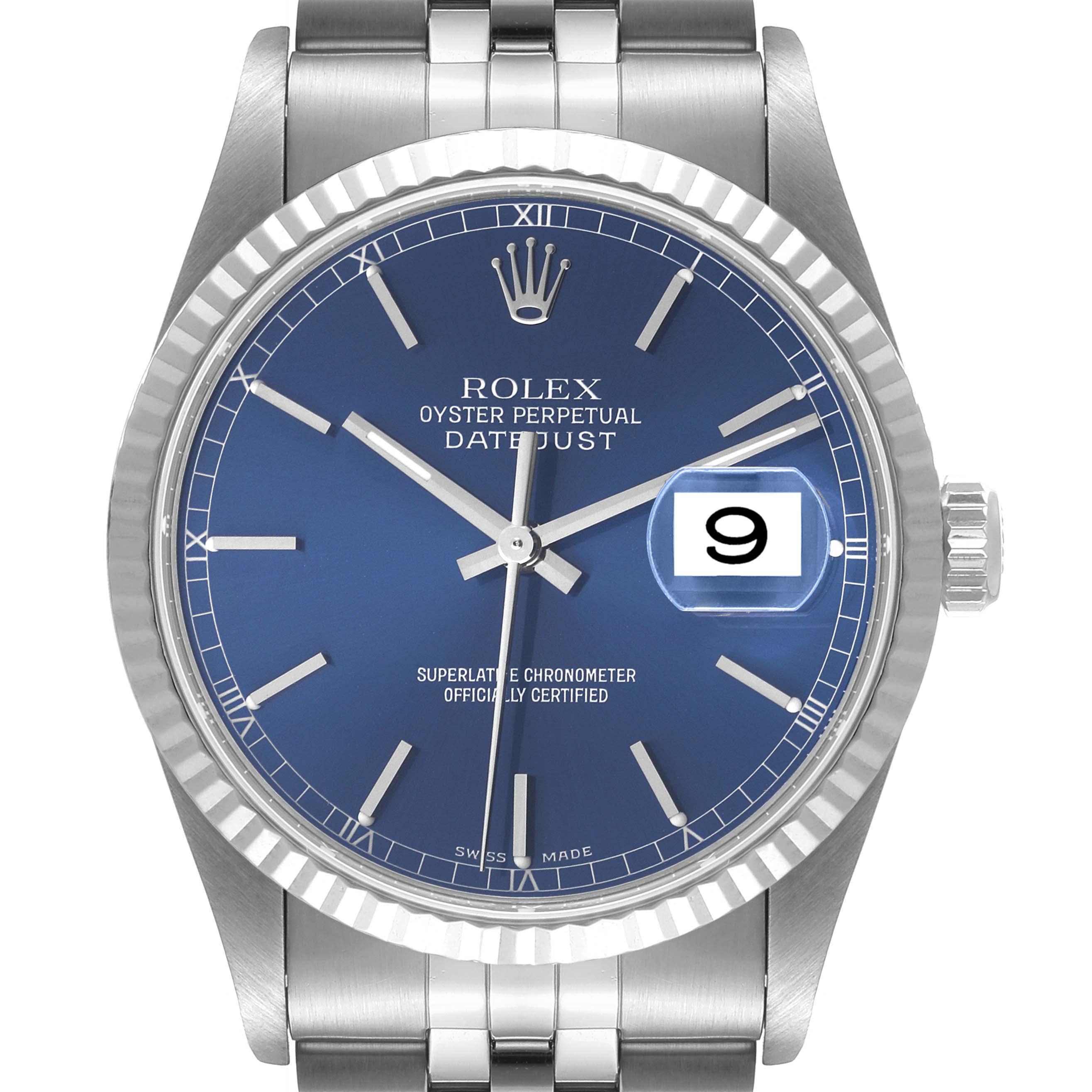 This image shows a front view of the Rolex Datejust 16234 Men's Stainless Steel Blue Dial 16234 Men's Stainless Steel Blue Dial watch, highlighting its blue dial, date window, and fluted bezel.